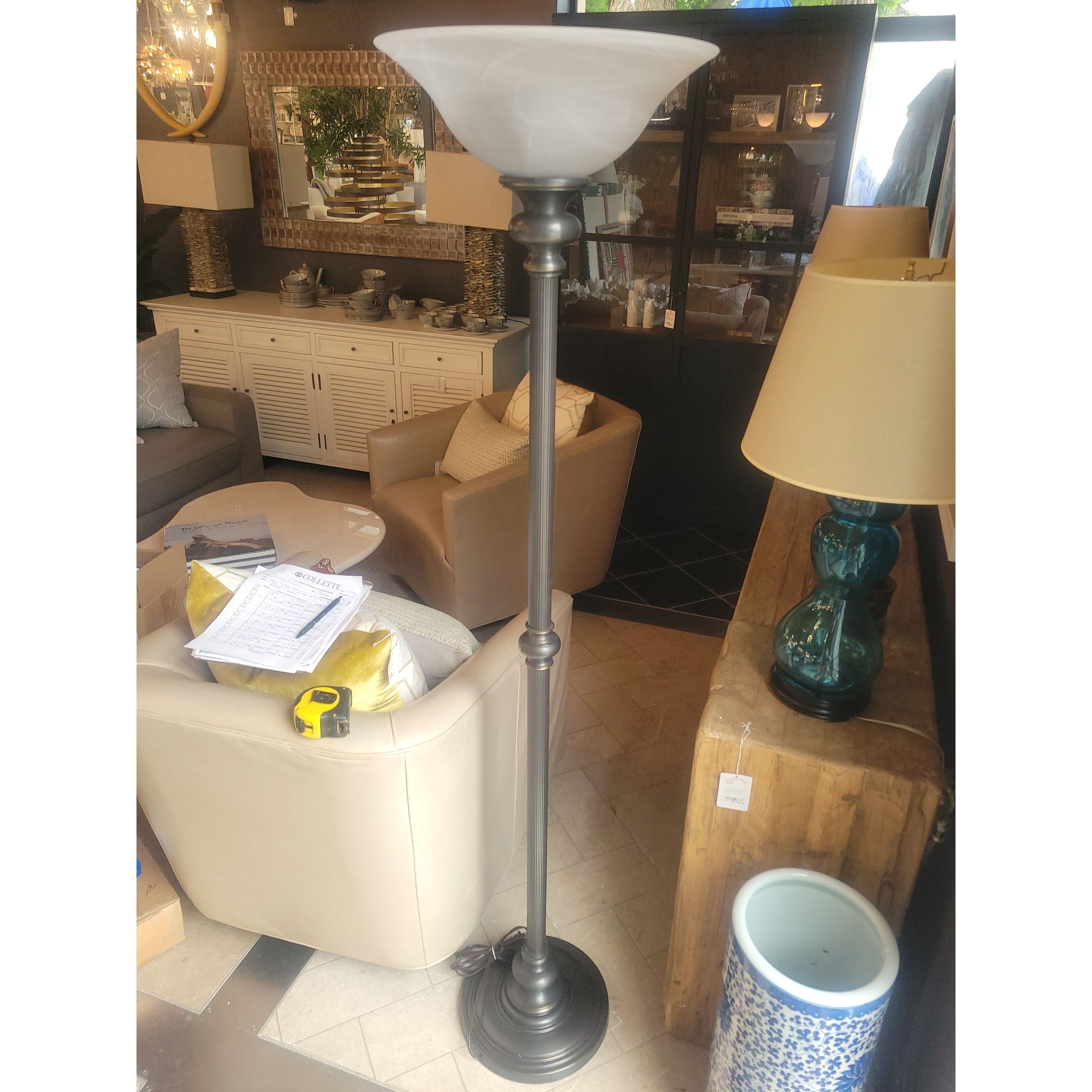 Bronze Finish Torchiere Floor Lamp w/ Frosted Glass Shade & Dimmer by Capital
