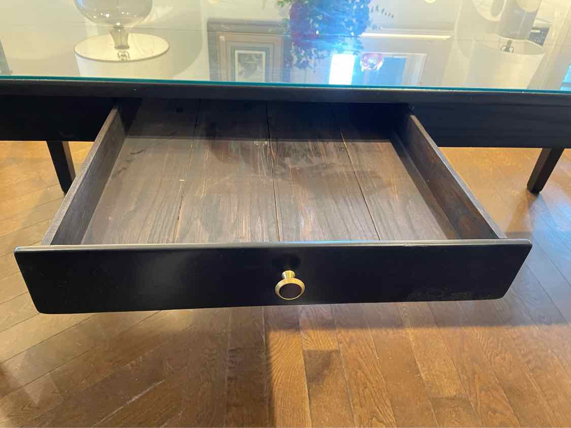 Antique Black Wood Slat Dining Table w/ Drawer & Glass Top