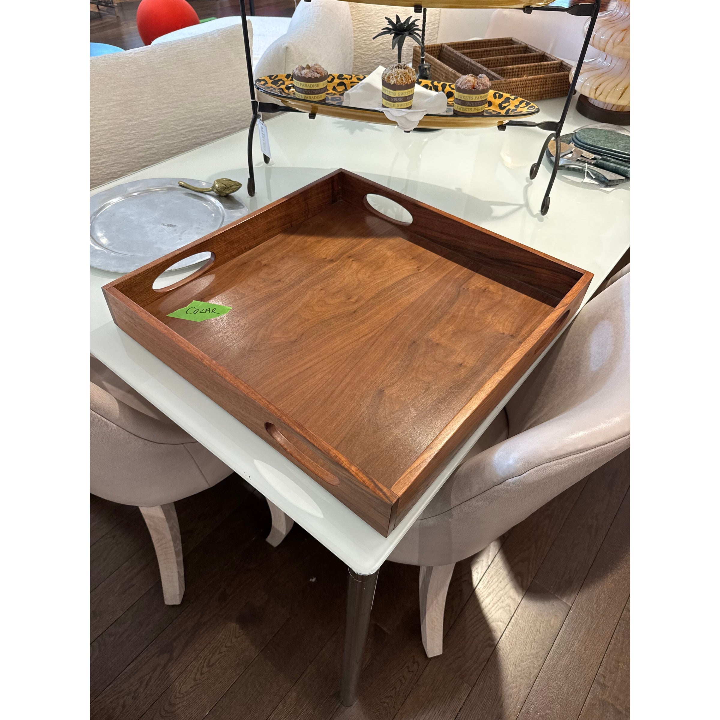 Large Square Wood Tray w/ 4 Handles