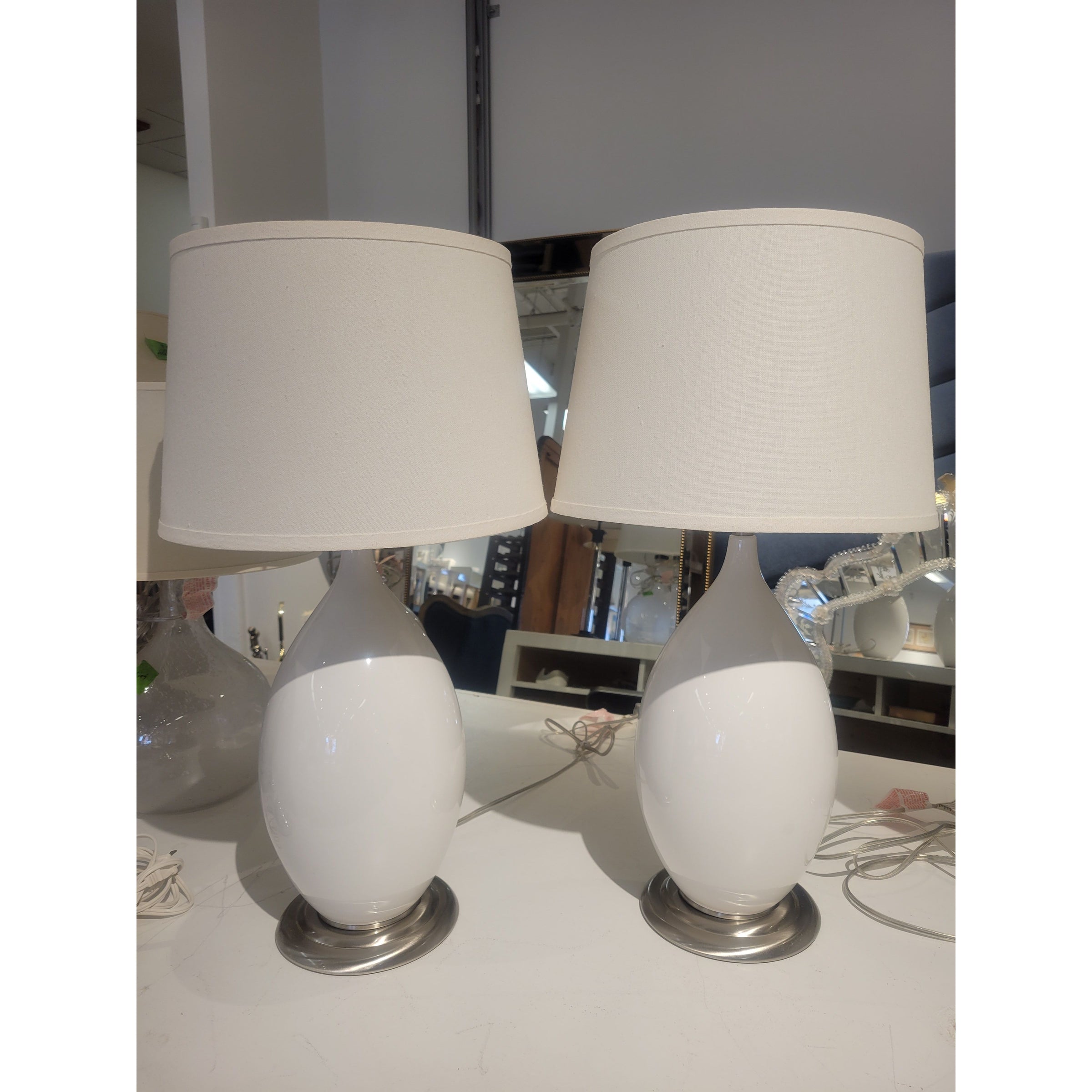 PAIR of White Glass & Metal Table Lamps w/ White Shades