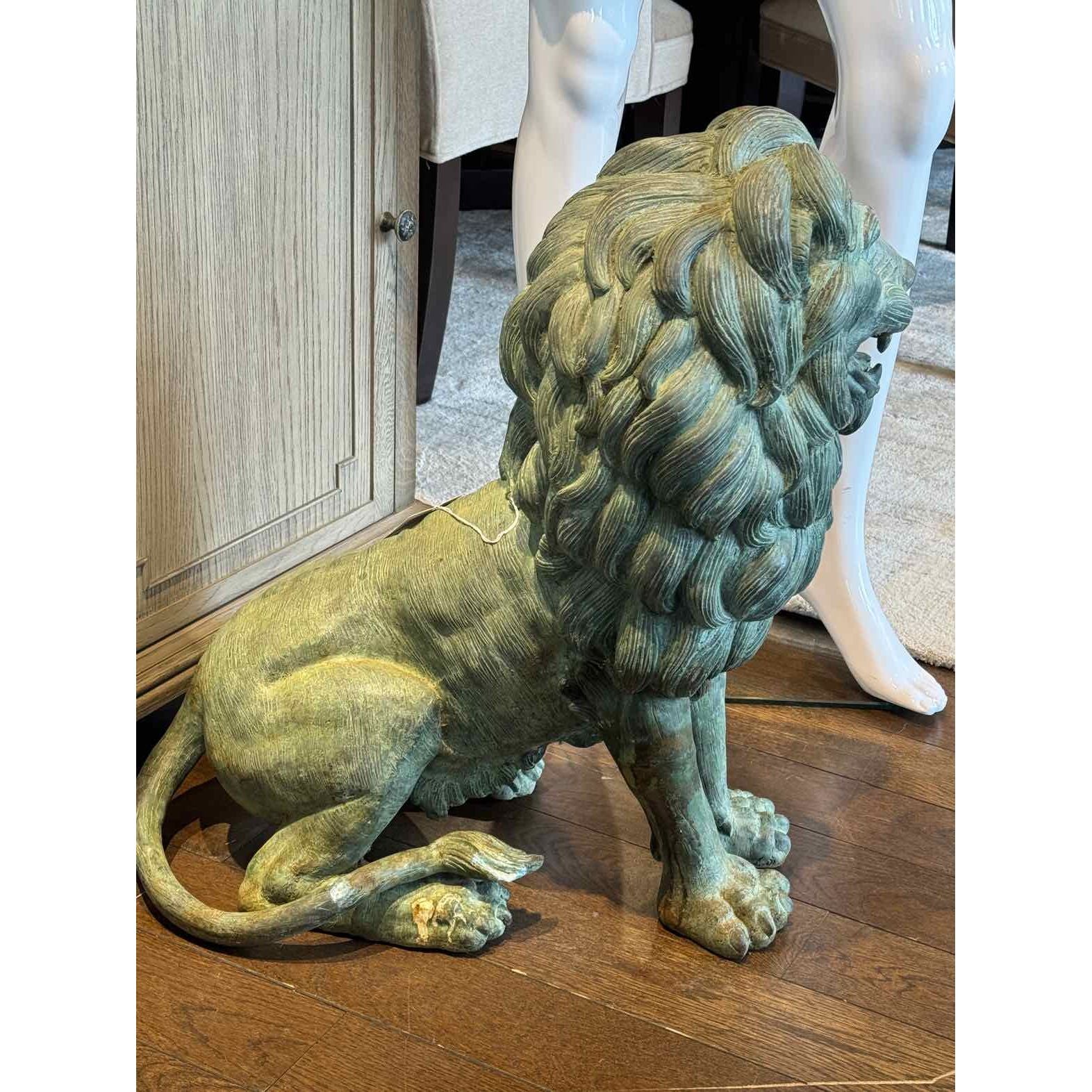 Cast Bronze Verdigris Lion Statue 12"W x 24"D x 25"H