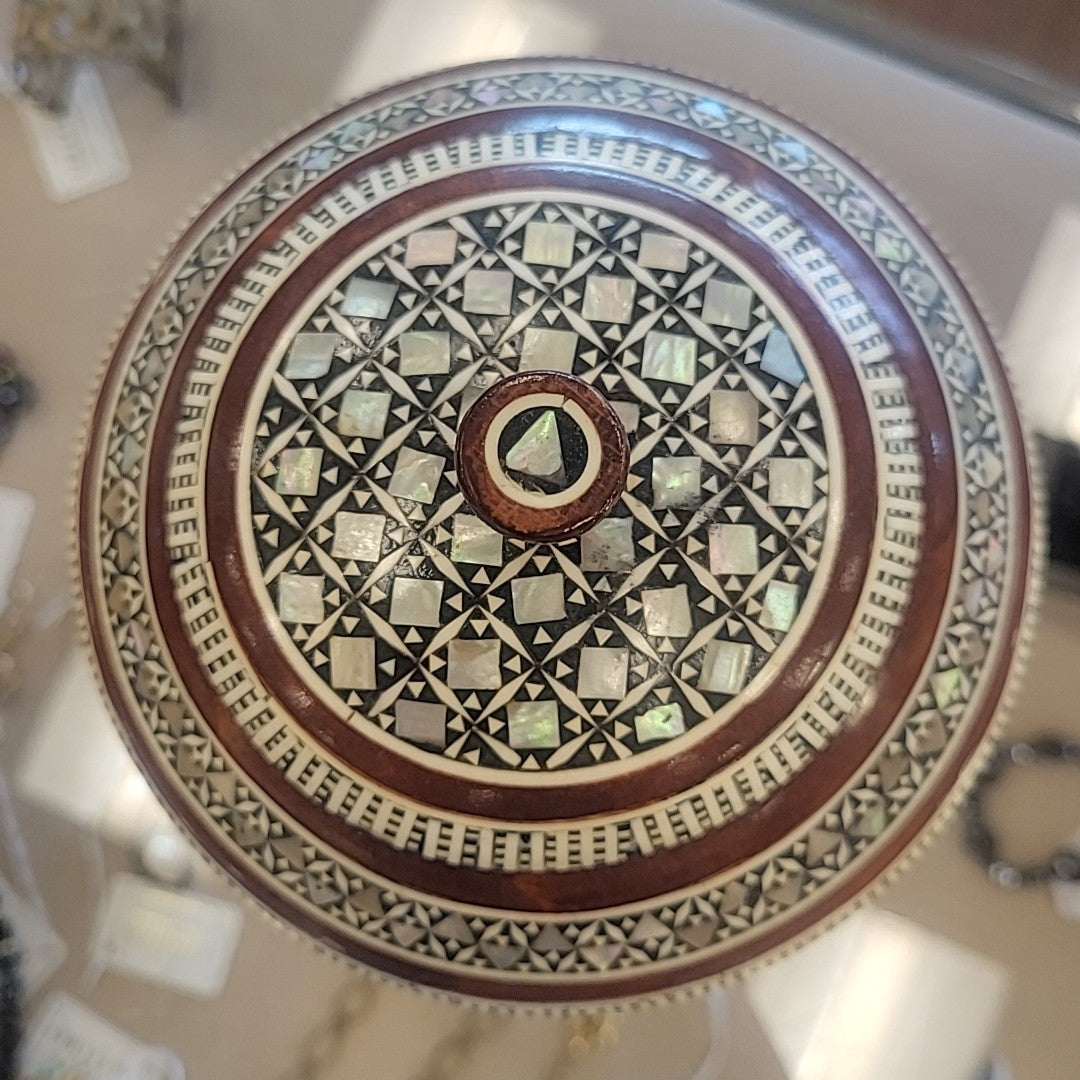 Egyptian Mother of Pearl Inlay Mosaic Jar w/ Lid