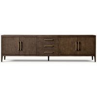 French Contemporary 4-Door Oak Media Console w/ 3 Drawers & Brass Handles