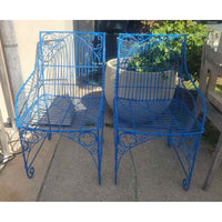 PAIR of Blue Scrolled Pattern Iron Wire Chairs - AS IS