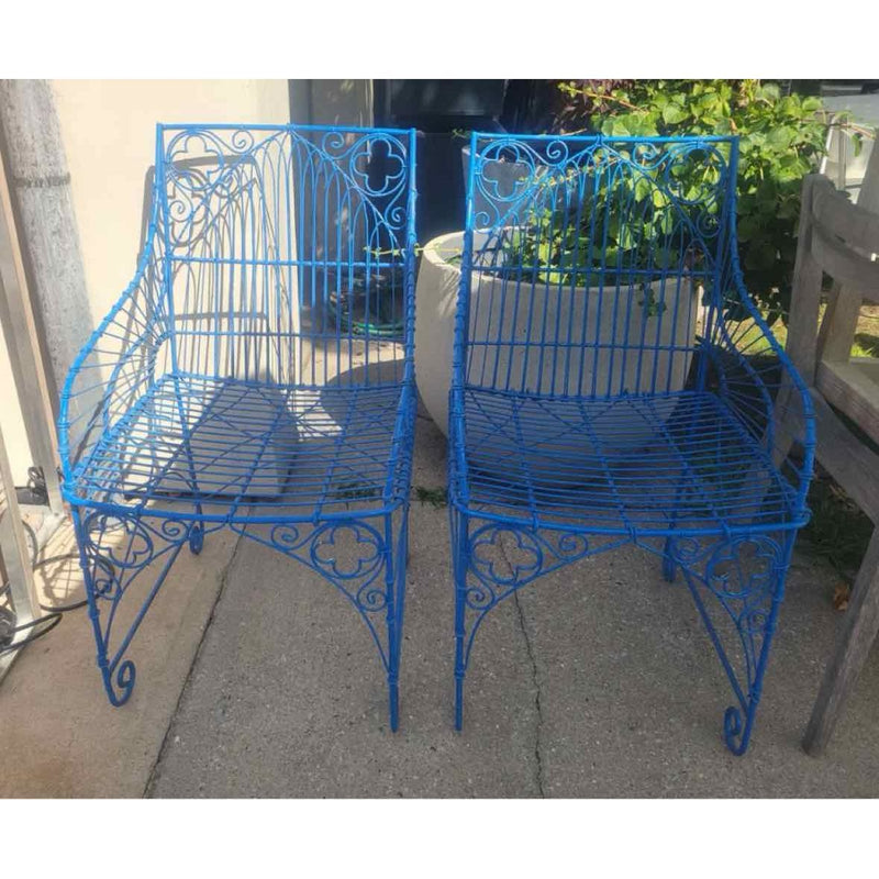 PAIR of Blue Scrolled Pattern Iron Wire Chairs - AS IS