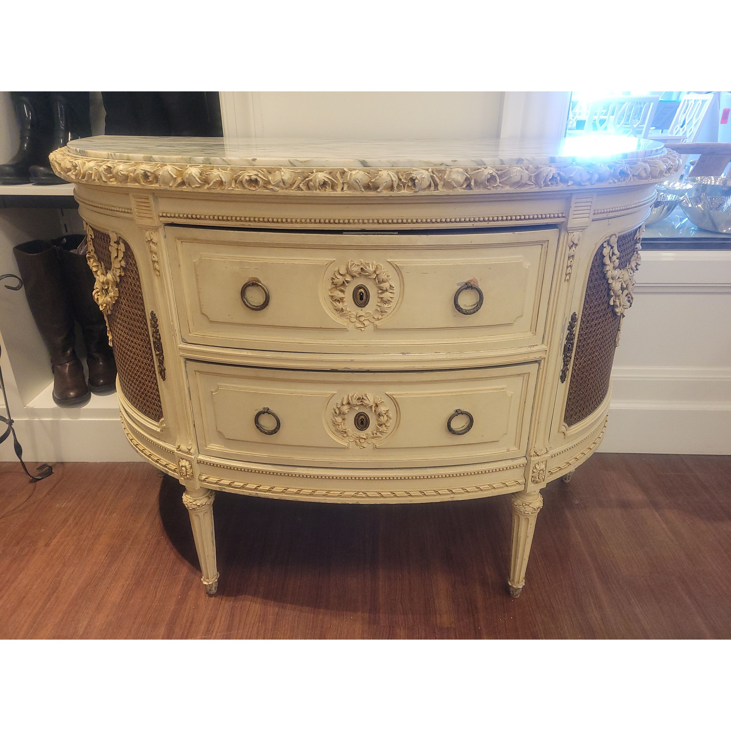 Vintage Demilune Commode w/ Carved Roses & Marble Top (AS IS)