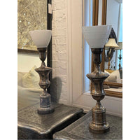 PAIR of Vintage Silver Plated Trophy Table Lamps w/ Milk Glass Shades