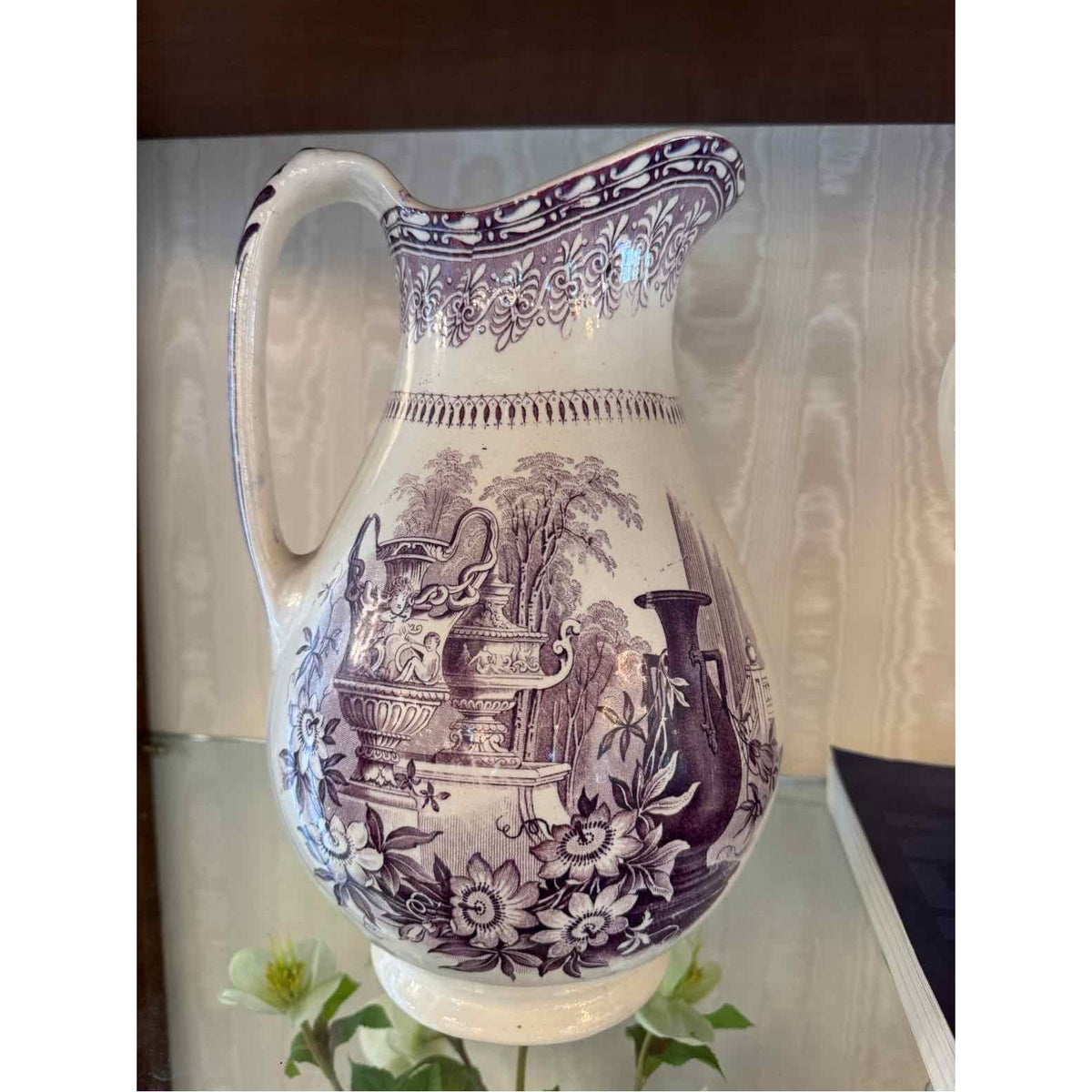Antique Purple Transferware Porcelain Pitcher - colletteconsignment.com