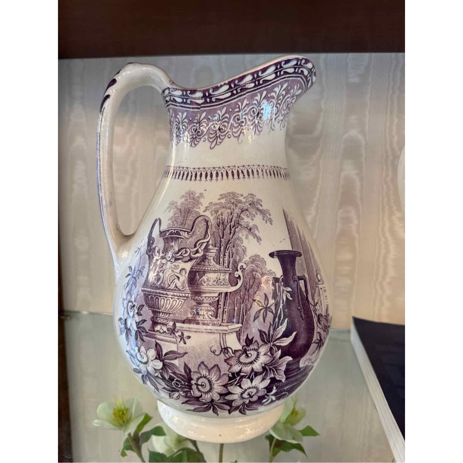 Antique Purple Transferware Porcelain Pitcher - colletteconsignment.com