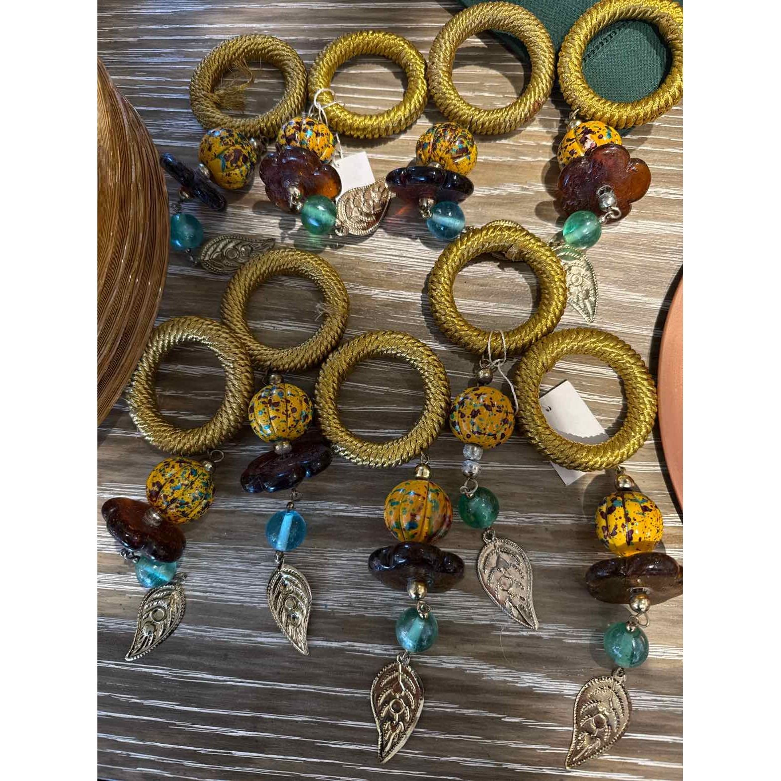 SET of 9 Gold Napkin Rings w/ Glass Beads & Leaf Charms