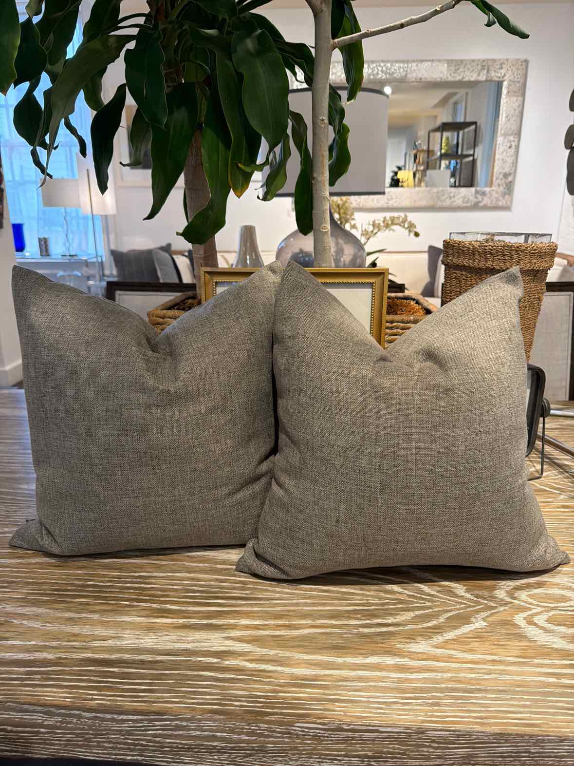Pair of Grey Linen Square Pillows 18"Sq - colletteconsignment.com