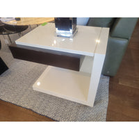PAIR of Custom White Satin Lacquer Open Side Tables w/ Brown Wood Drawers - colletteconsignment.com