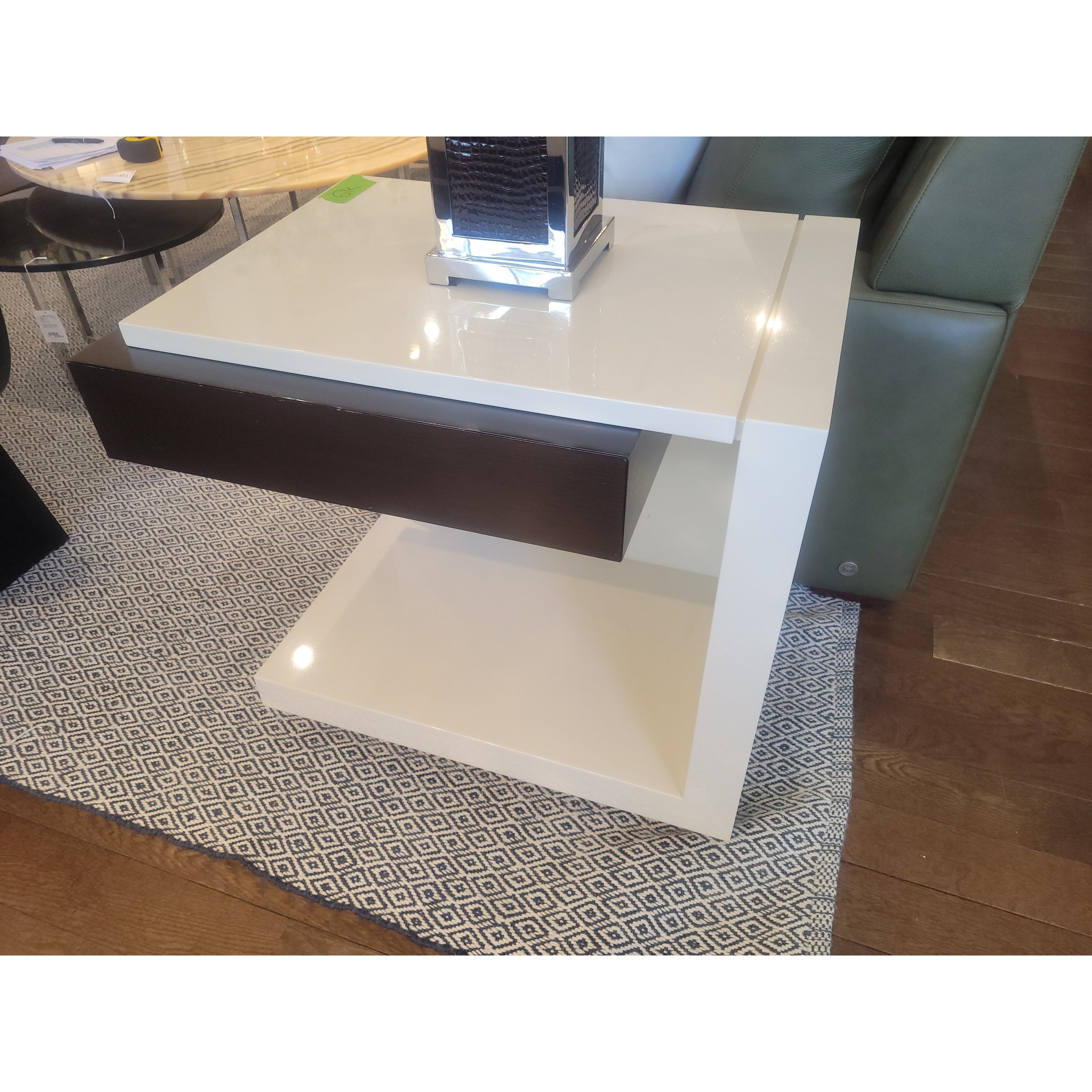 PAIR of Custom White Satin Lacquer Open Side Tables w/ Brown Wood Drawers - colletteconsignment.com