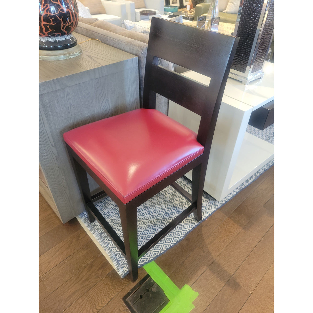 PAIR of Red Leather & Mahogany Counter Stools by Christian Liagre for Holly Hunt - colletteconsignment.com