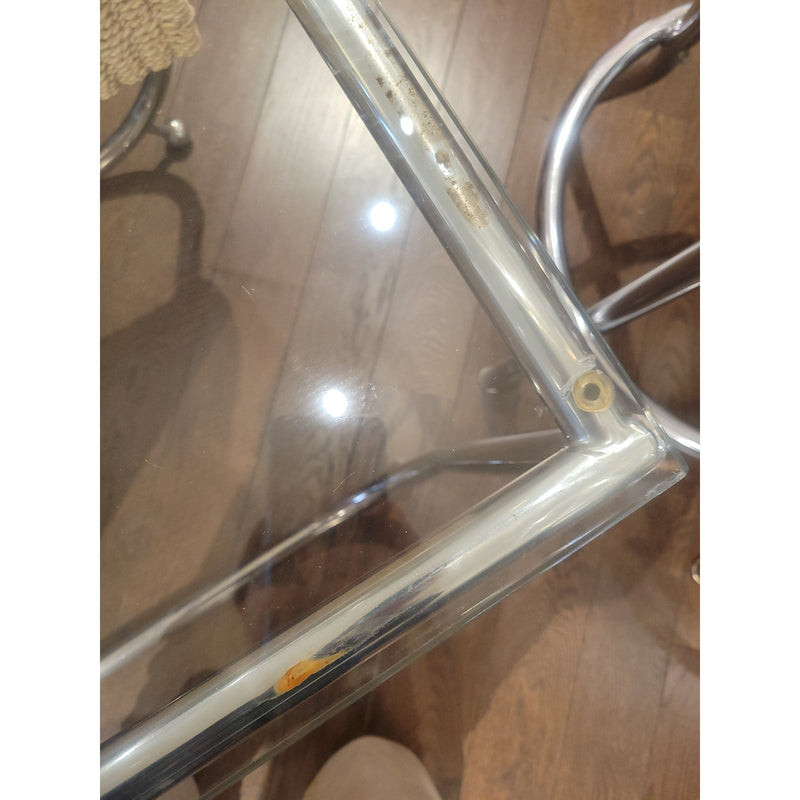 PAIR of Chrome Side Tables w/ Glass Tops & Wicker Magazine Holders - AS IS