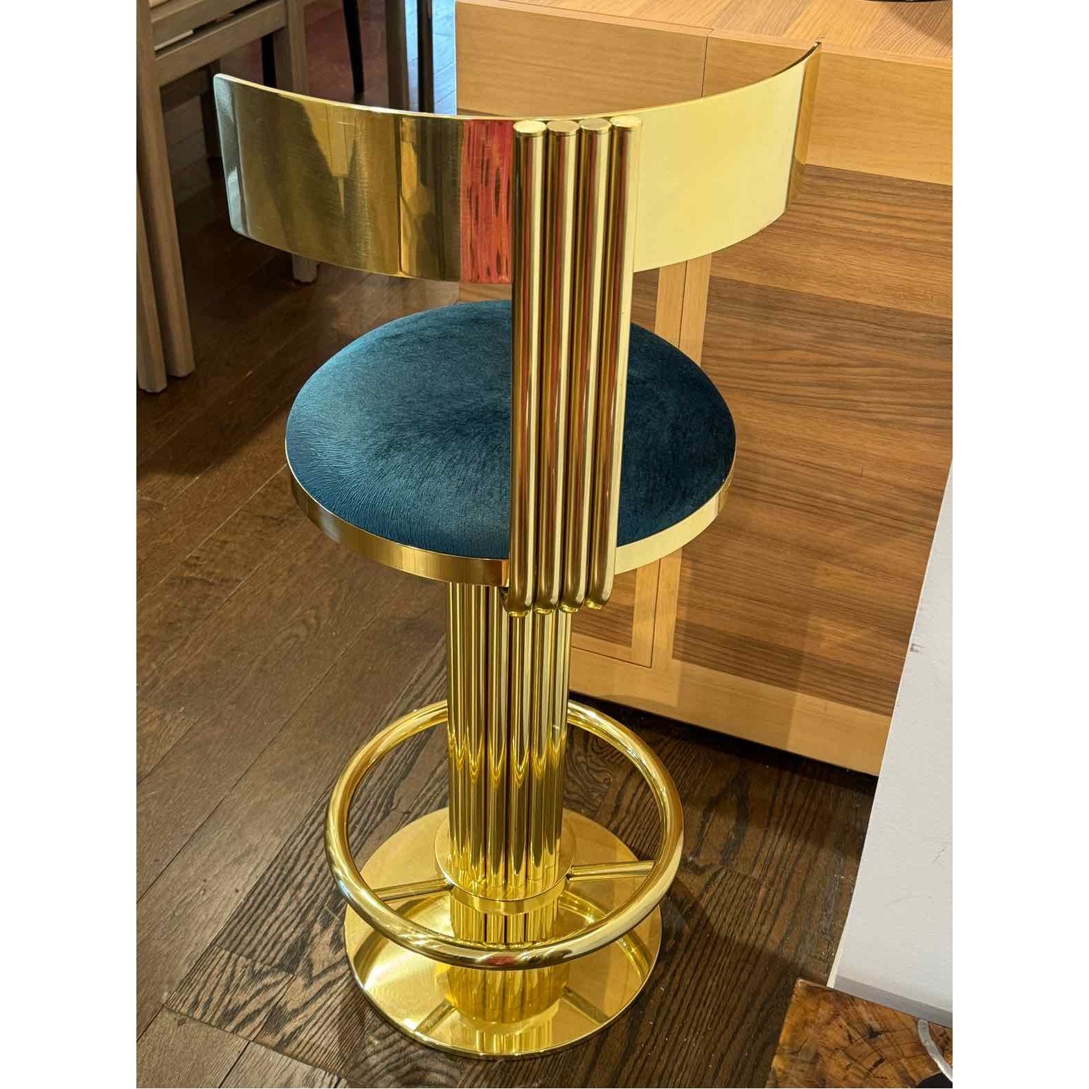 PAIR of Custom Polished Brass Bar Stools w/ Cowhide Seat - AS IS
