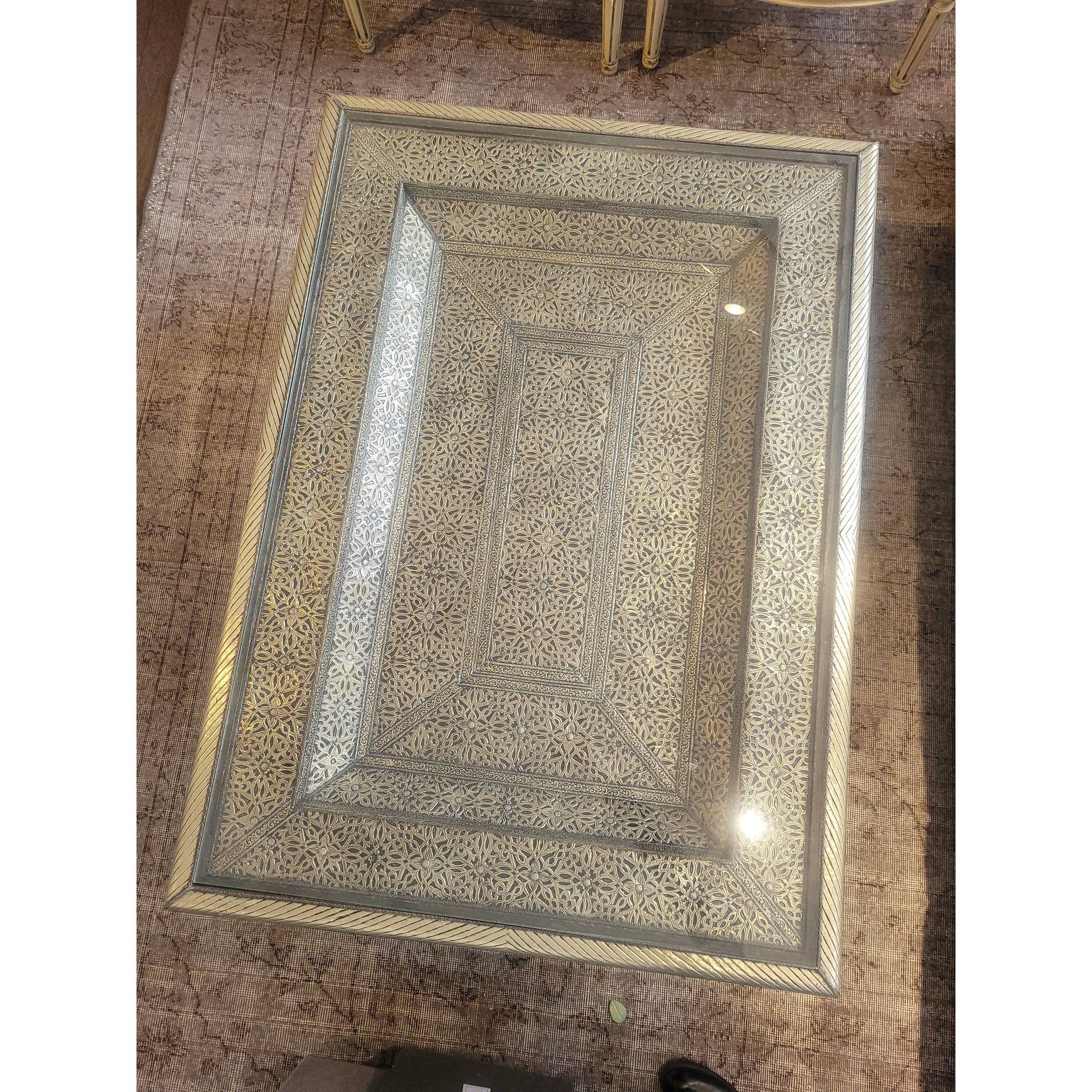 Moroccan Marrakesh Metal Wrapped Coffee Table w/ Glass Top (AS IS)