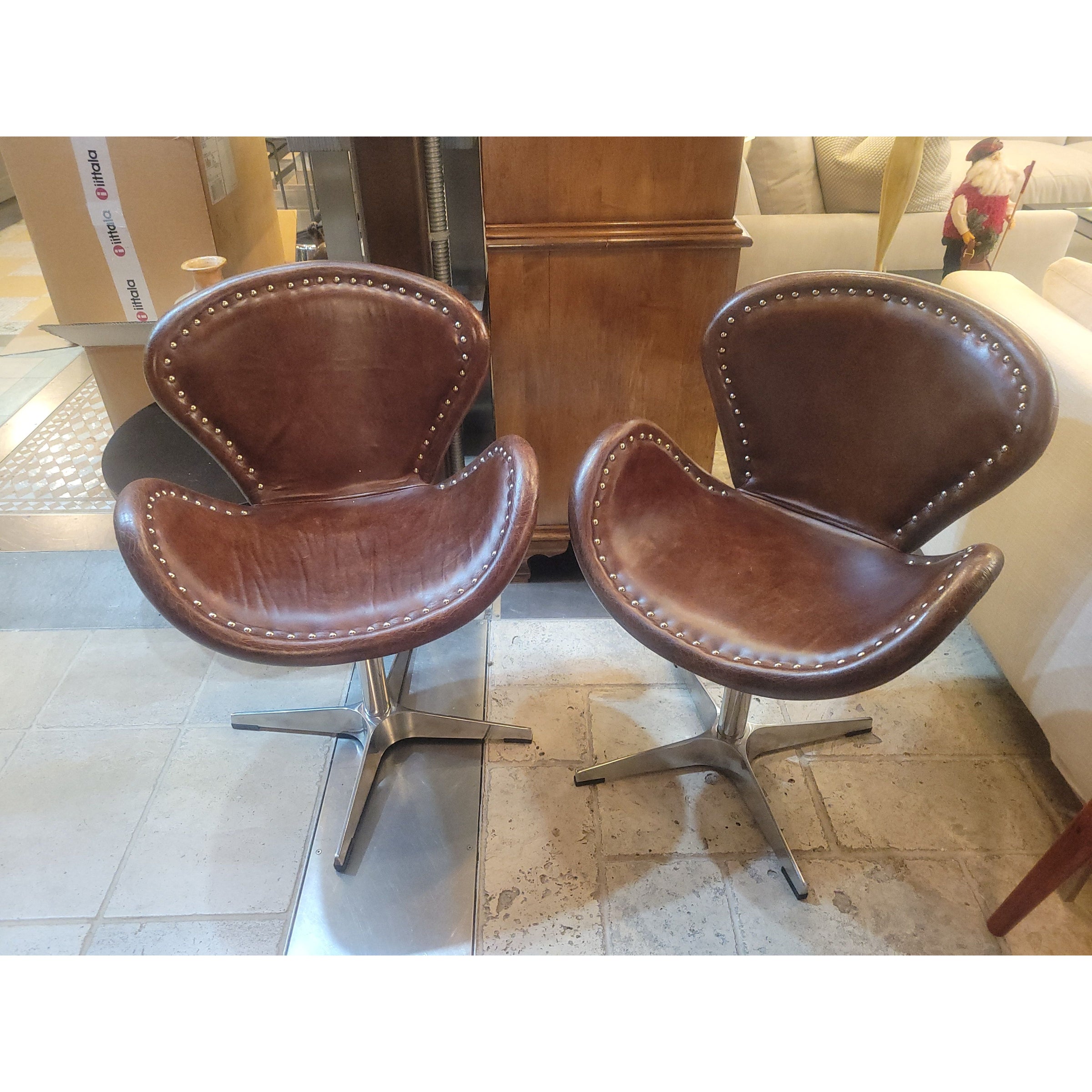 PAIR of Timothy Oulton Devon Style Brown Leather & Steel Swivel Chairs