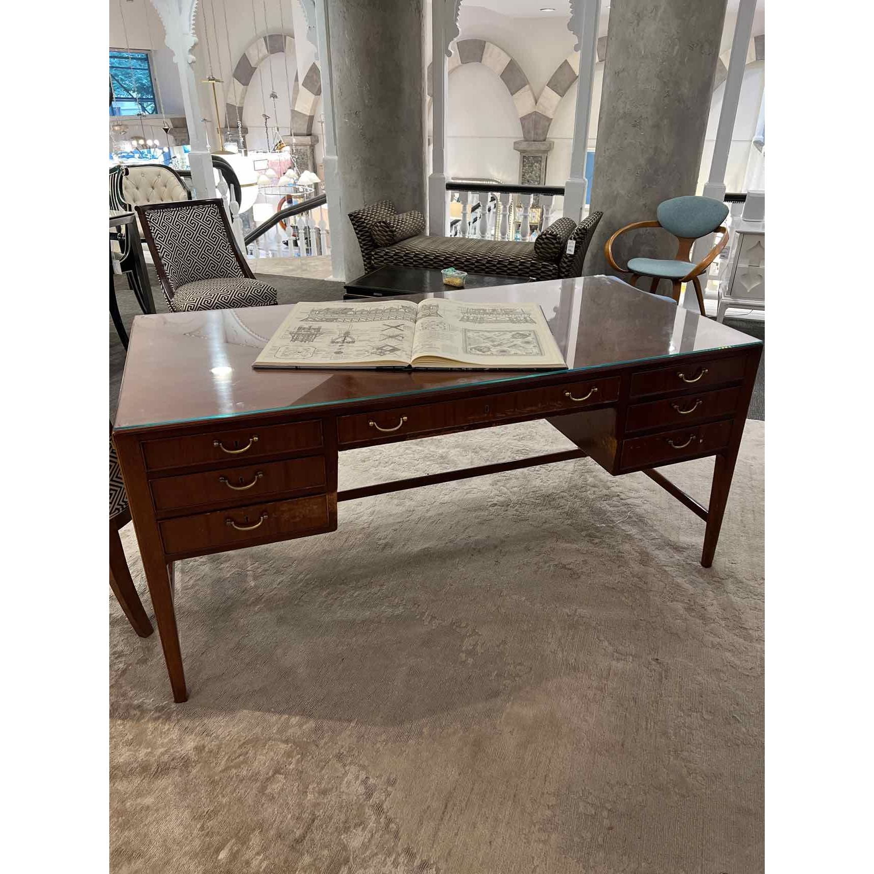 Regency Style Mahogany Desk with Custom Cut Glass Top