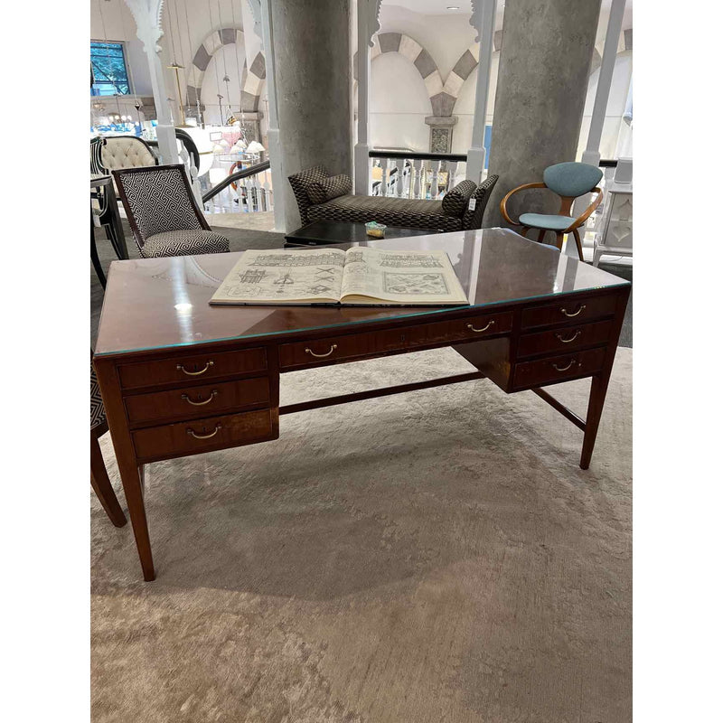 Regency Style Mahogany Desk with Custom Cut Glass Top