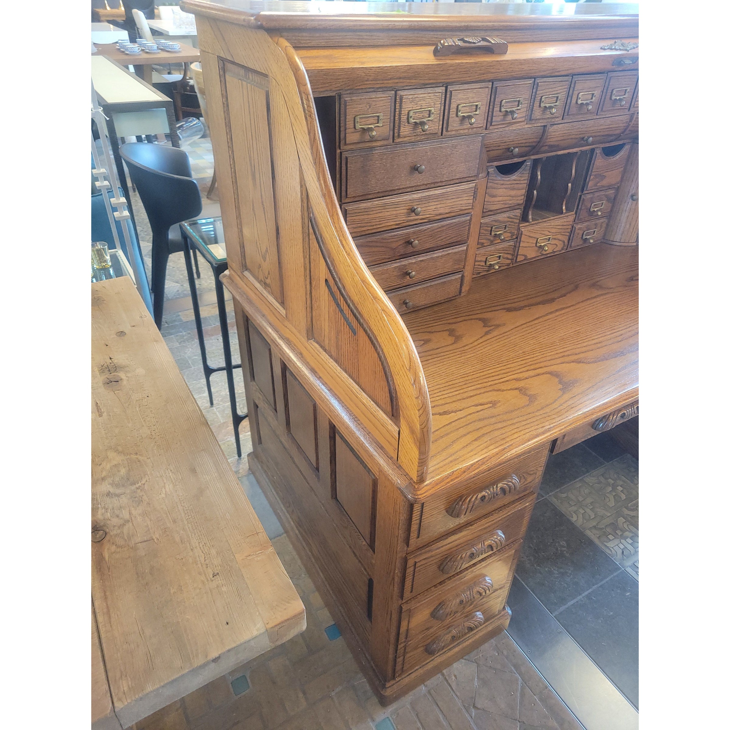 Early 20th C Edwardian Oak Roll Top Desk