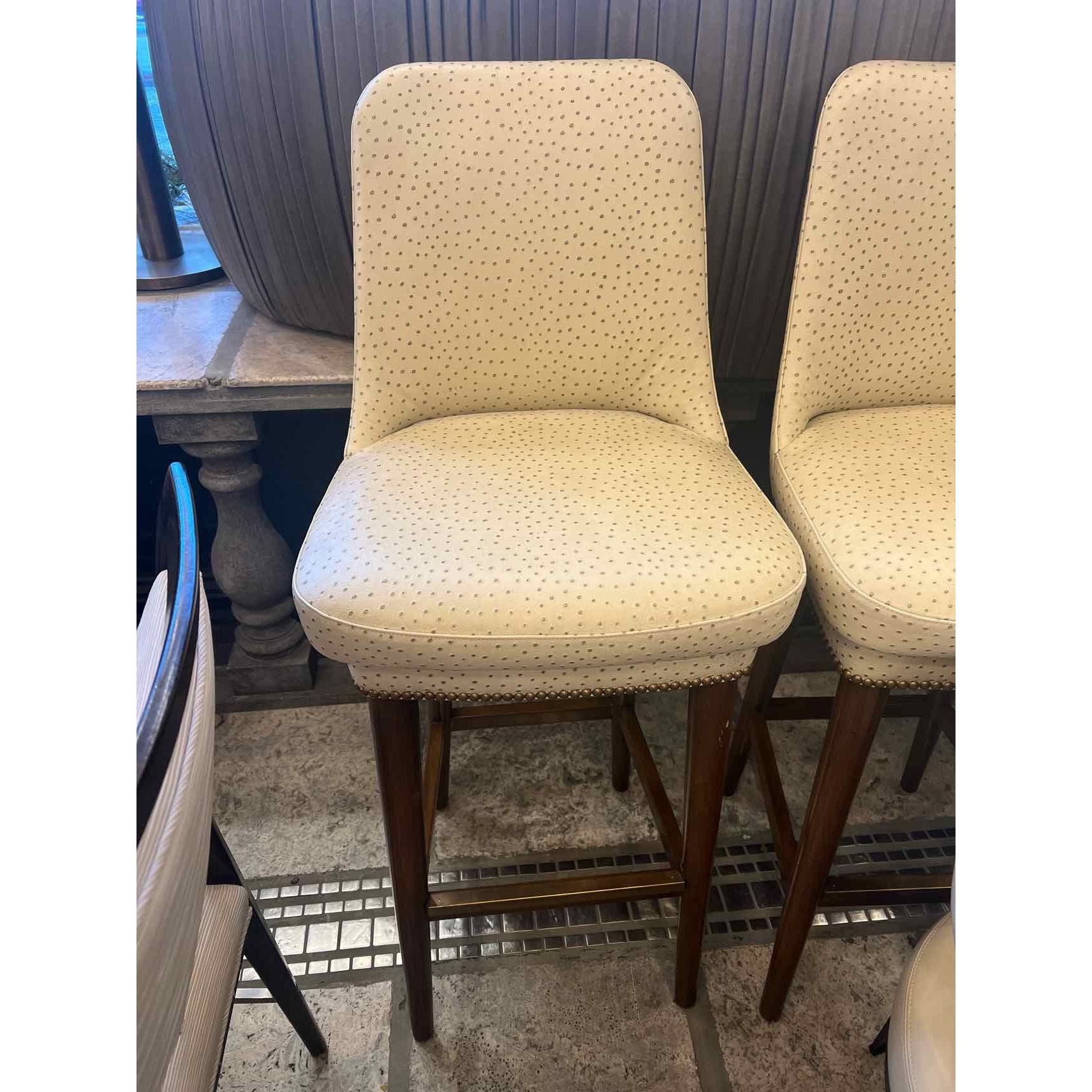 Embossed Ostrich Leather (Cream) & Wood Base Swivel Bar Stool