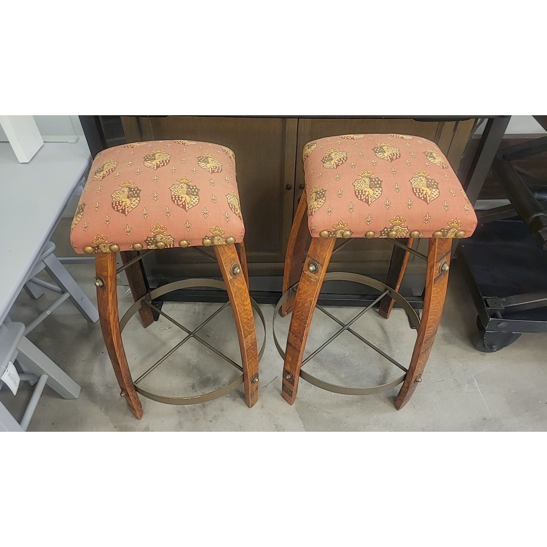 PAIR of Antique Barrel Stave Stools w/ Coat of Arms Seats
