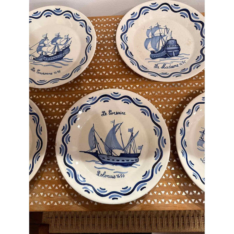 Set of Seven Antique  French Quimper Plates w/ Ships, 9.25" Dia x 4"H