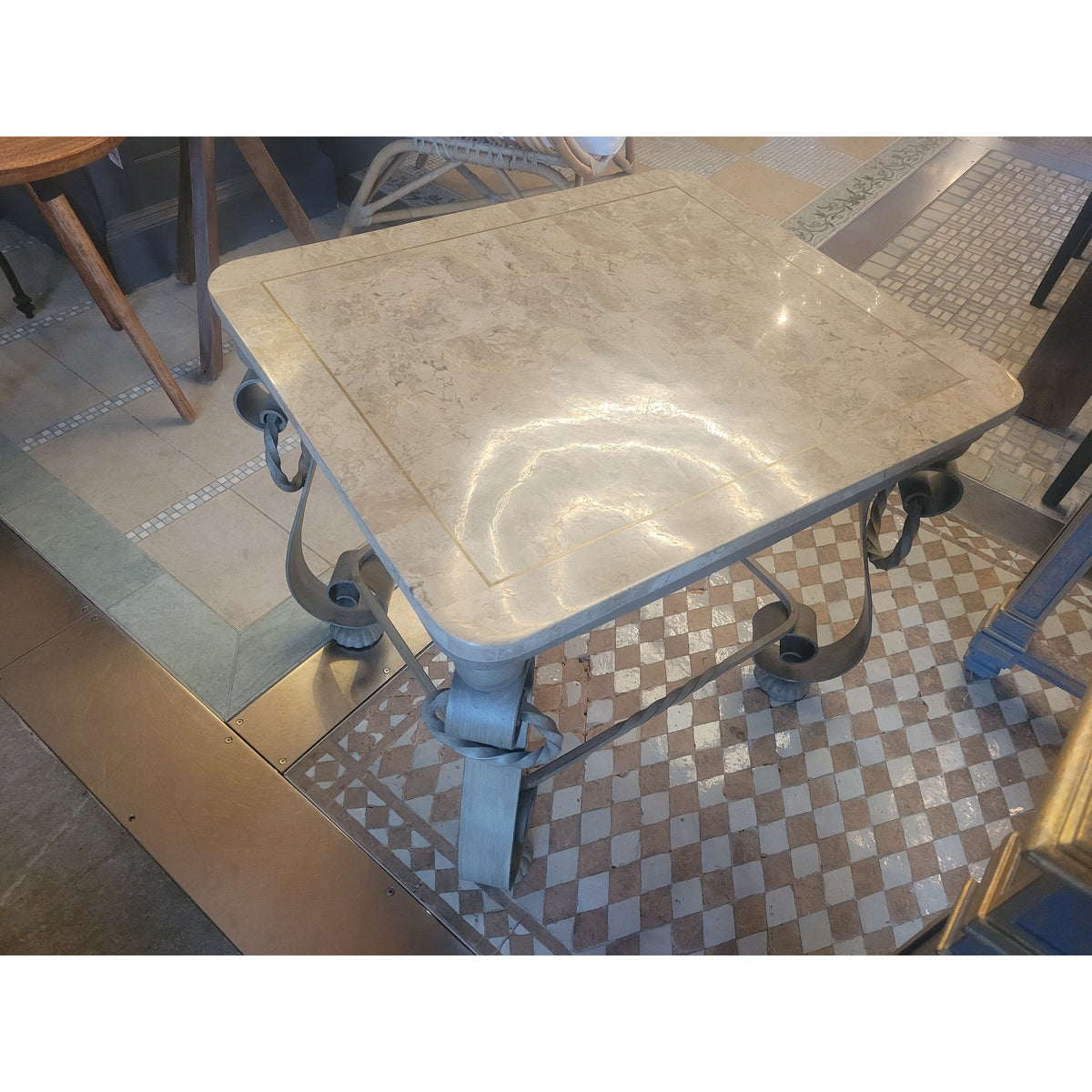 Vintage Fossil Stone Top Table w/ Iron Legs - colletteconsignment.com