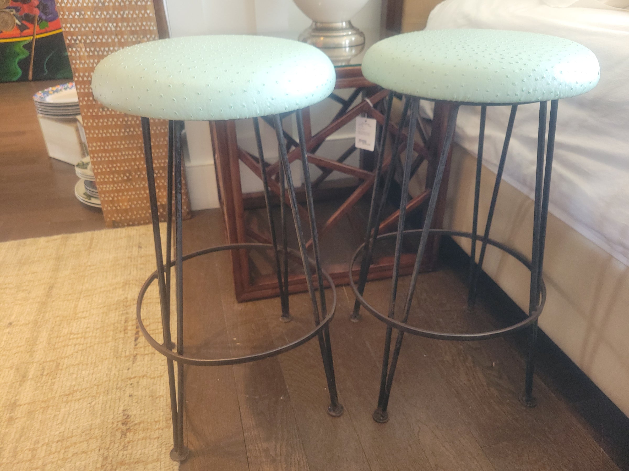 SET of 6 MCM Mint Green Ostrich Leather & Iron Hairpin Counter Stools