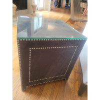 Gray Suede Square Side Table w/ Nailheads & Glass Top by Jonathan Adler