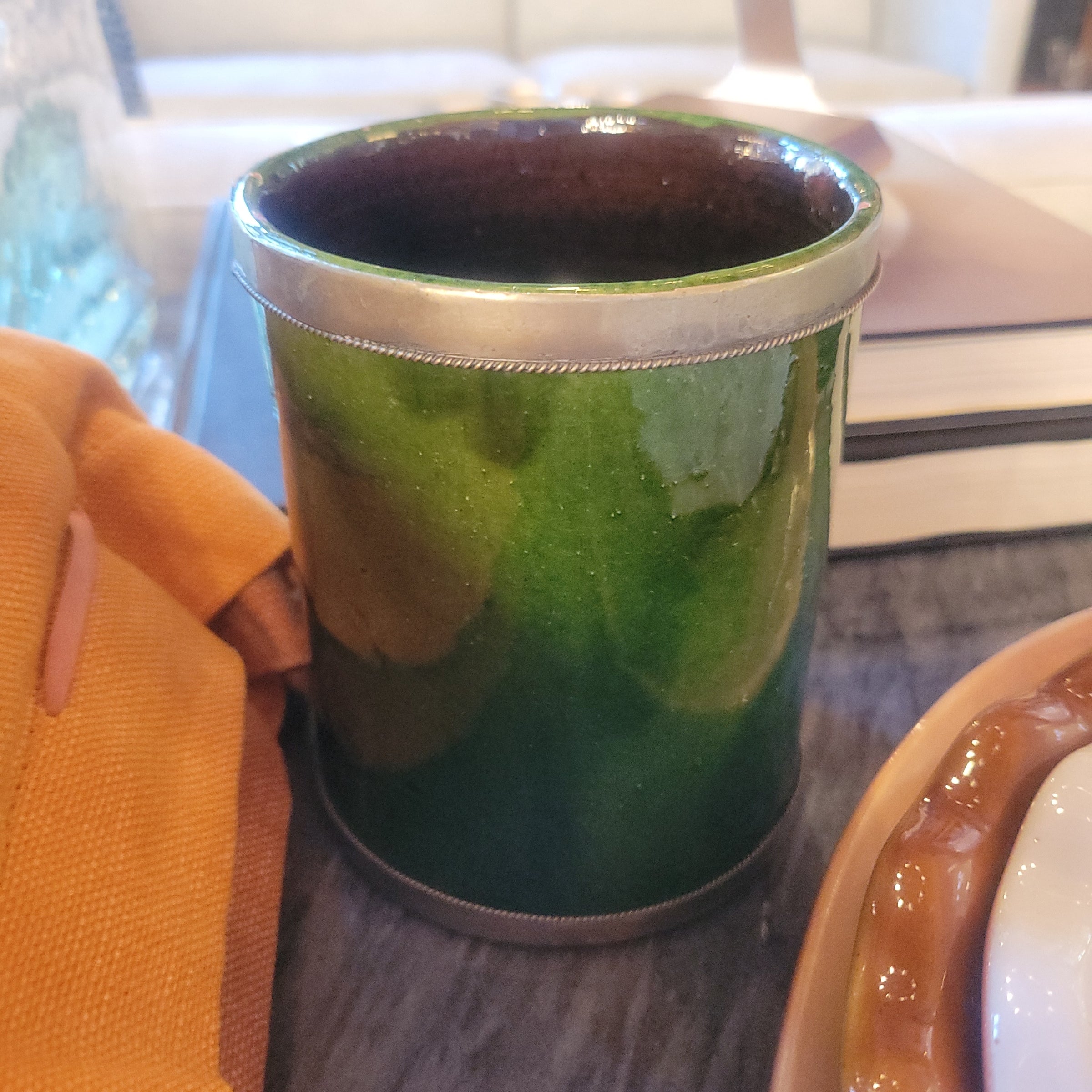 Small Green Moroccan Ceramic Pot w/ Metal Trim