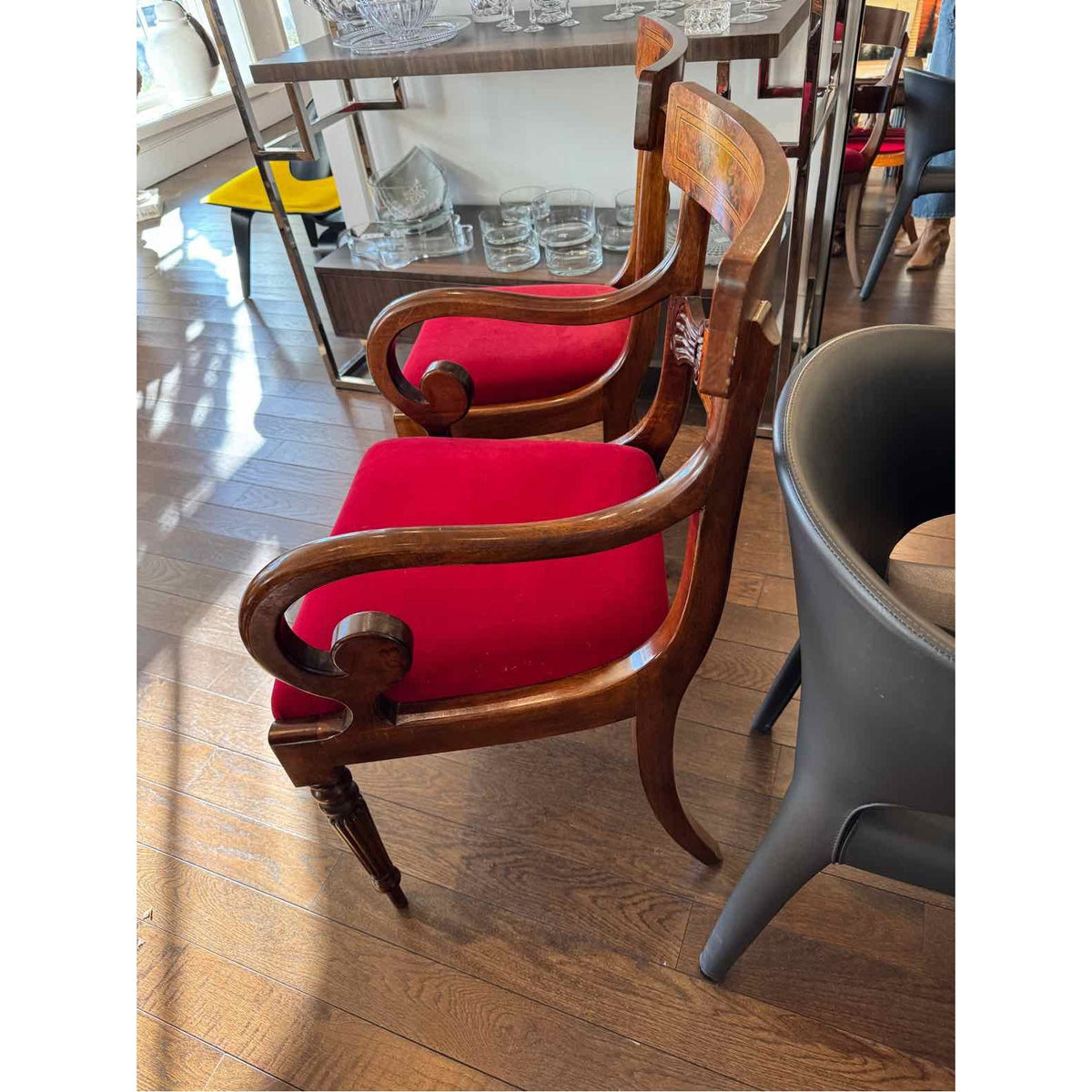Set of 8 Regency Style Italian Wood & Velvet King Dining Chairs - colletteconsignment.com