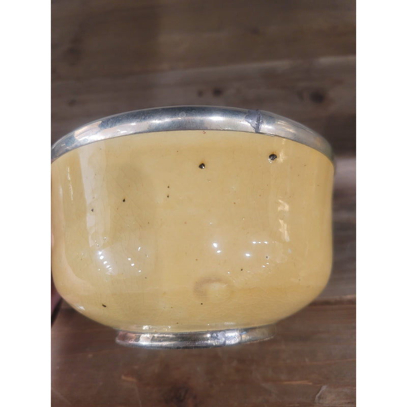 SET of 3 Yellow & Green Ceramic Bowls w/ Metal Trim