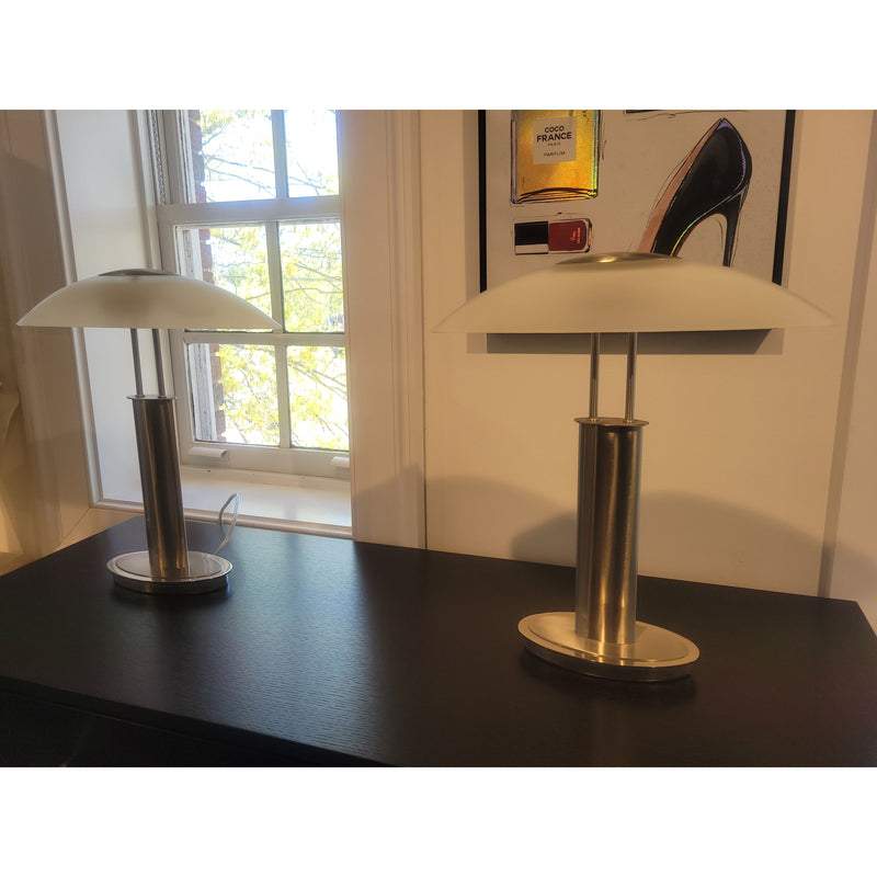 PAIR of Nickel Table Lamps w/ Canoe Shaped Frosted Glass Shades - colletteconsignment.com