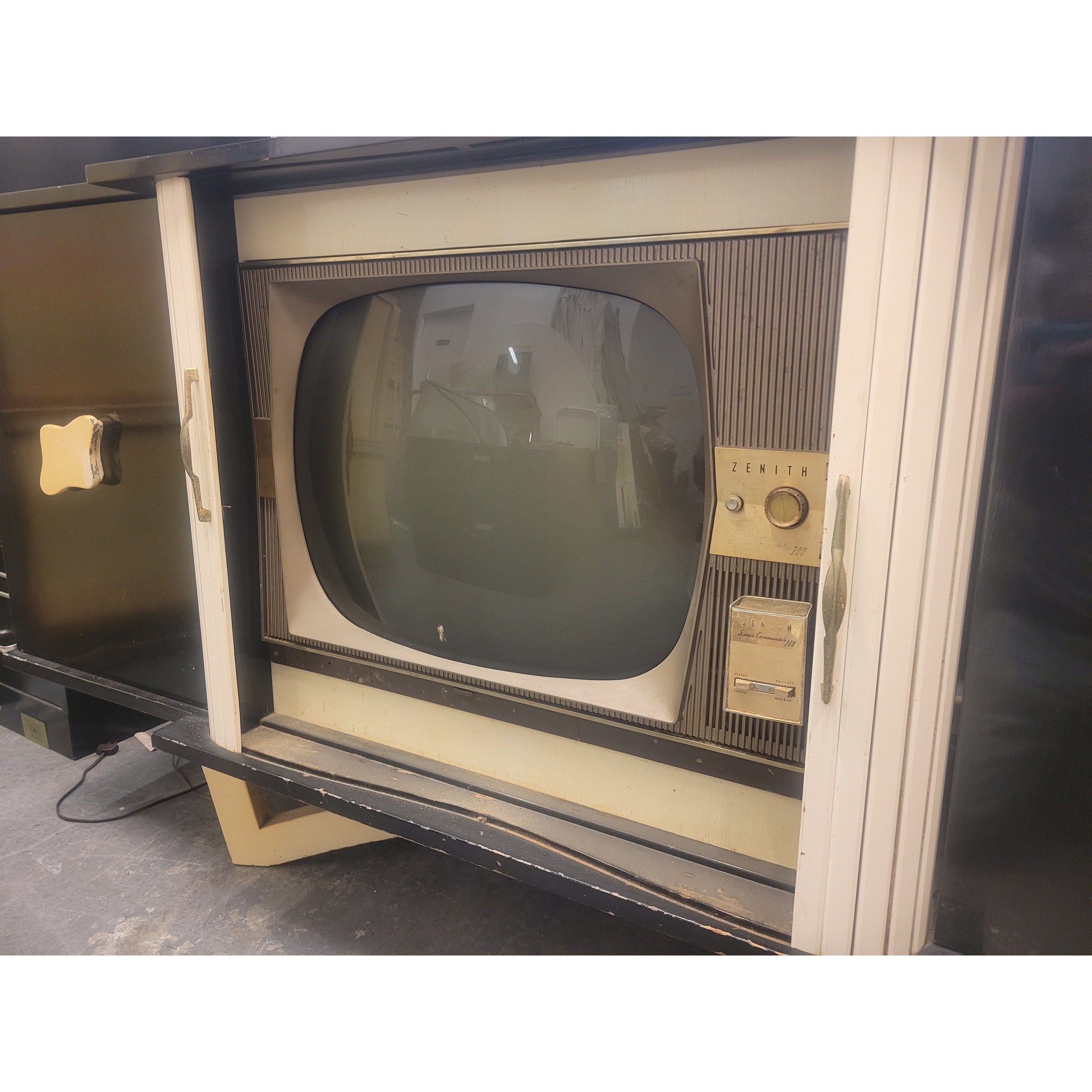 Custom 1960s Black & White Wood Bar Cabinet w/ Original Zenith TV - colletteconsignment.com