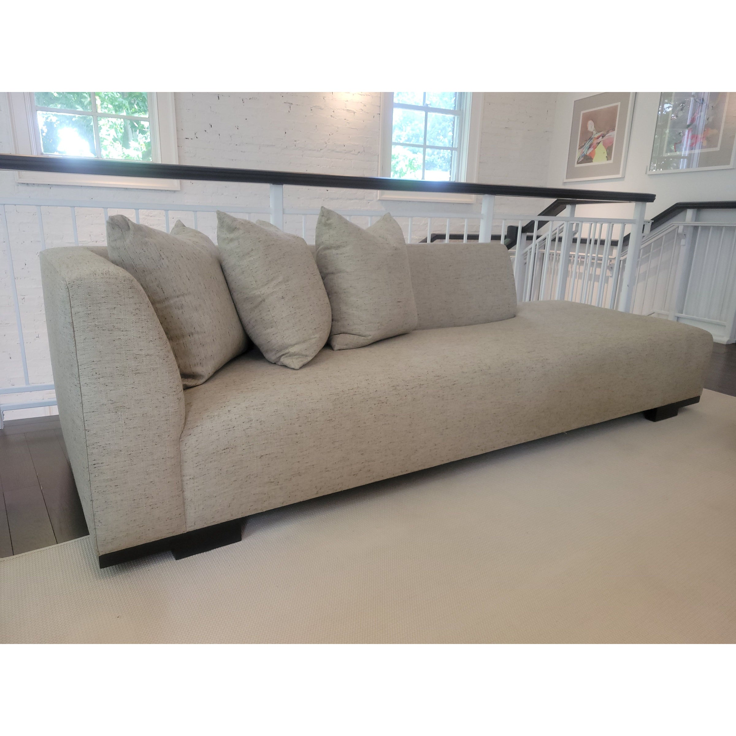 Custom Beige Weave Chaise Lounge on Dark Wood Legs w/ 3 Pillows - AS IS