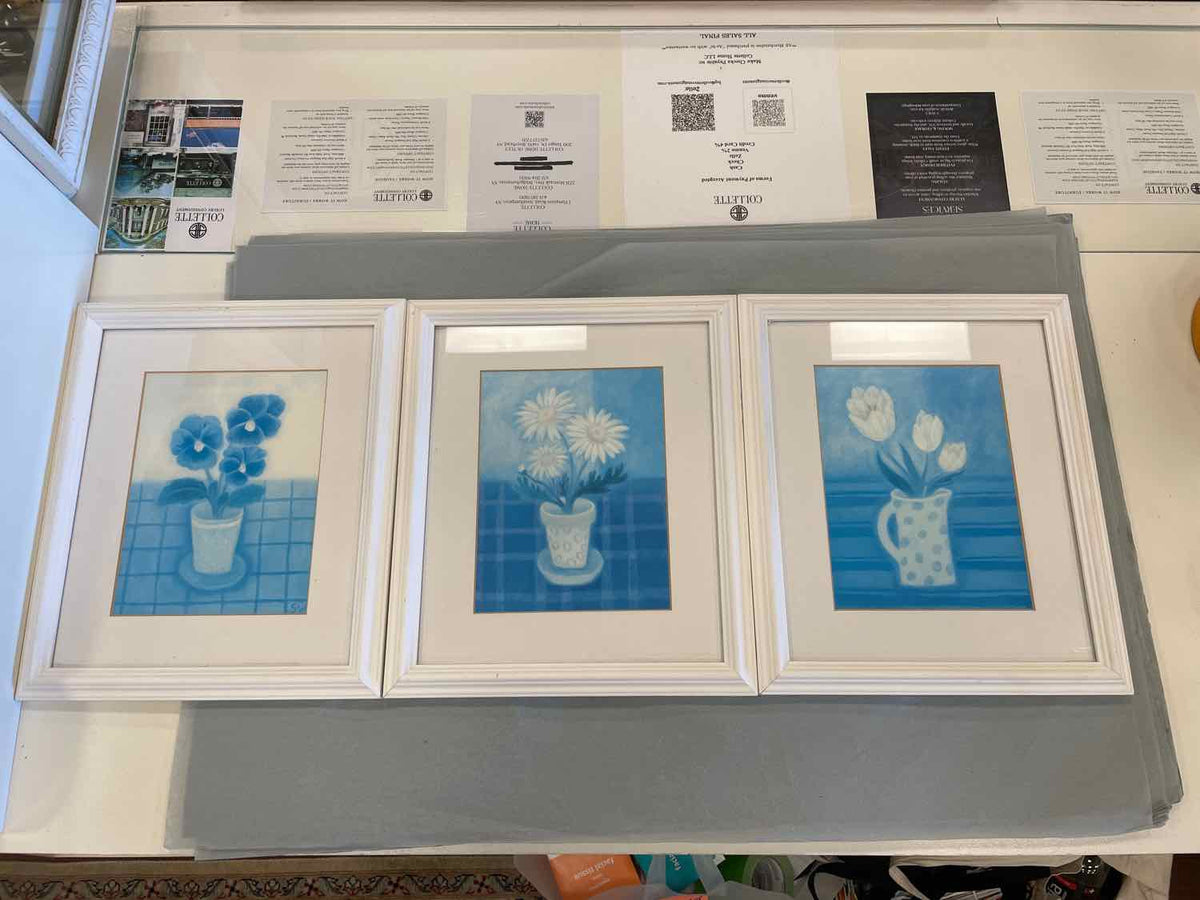 SET of 3 Blue Floral Prints in Frames