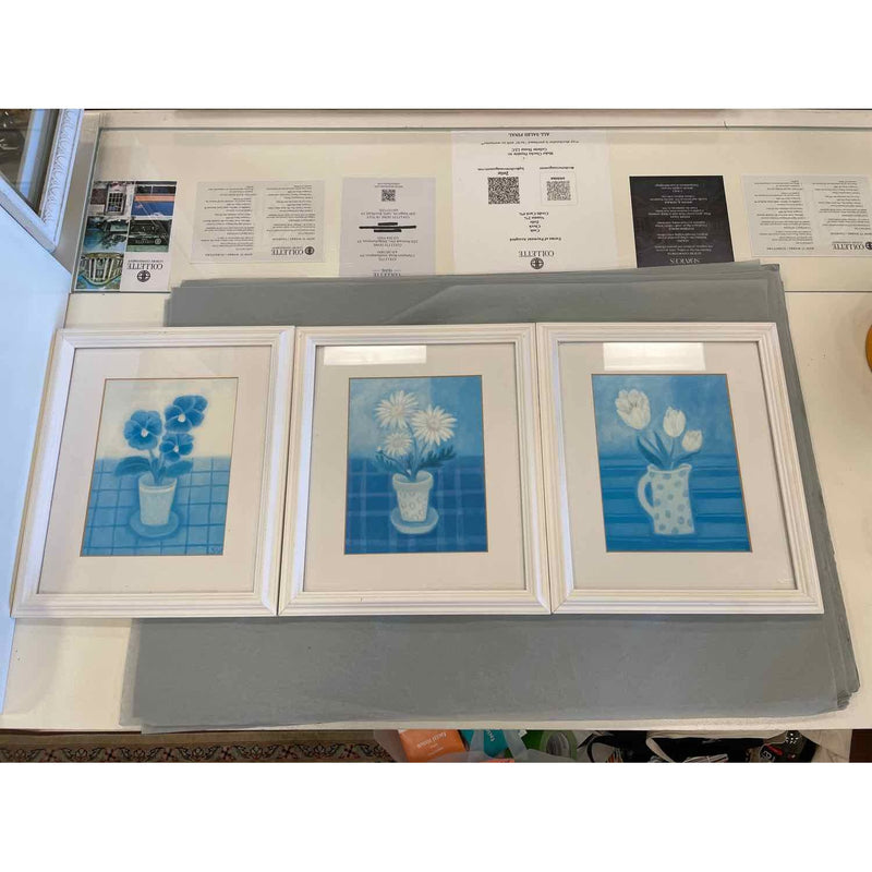 SET of 3 Blue Floral Prints in Frames - colletteconsignment.com