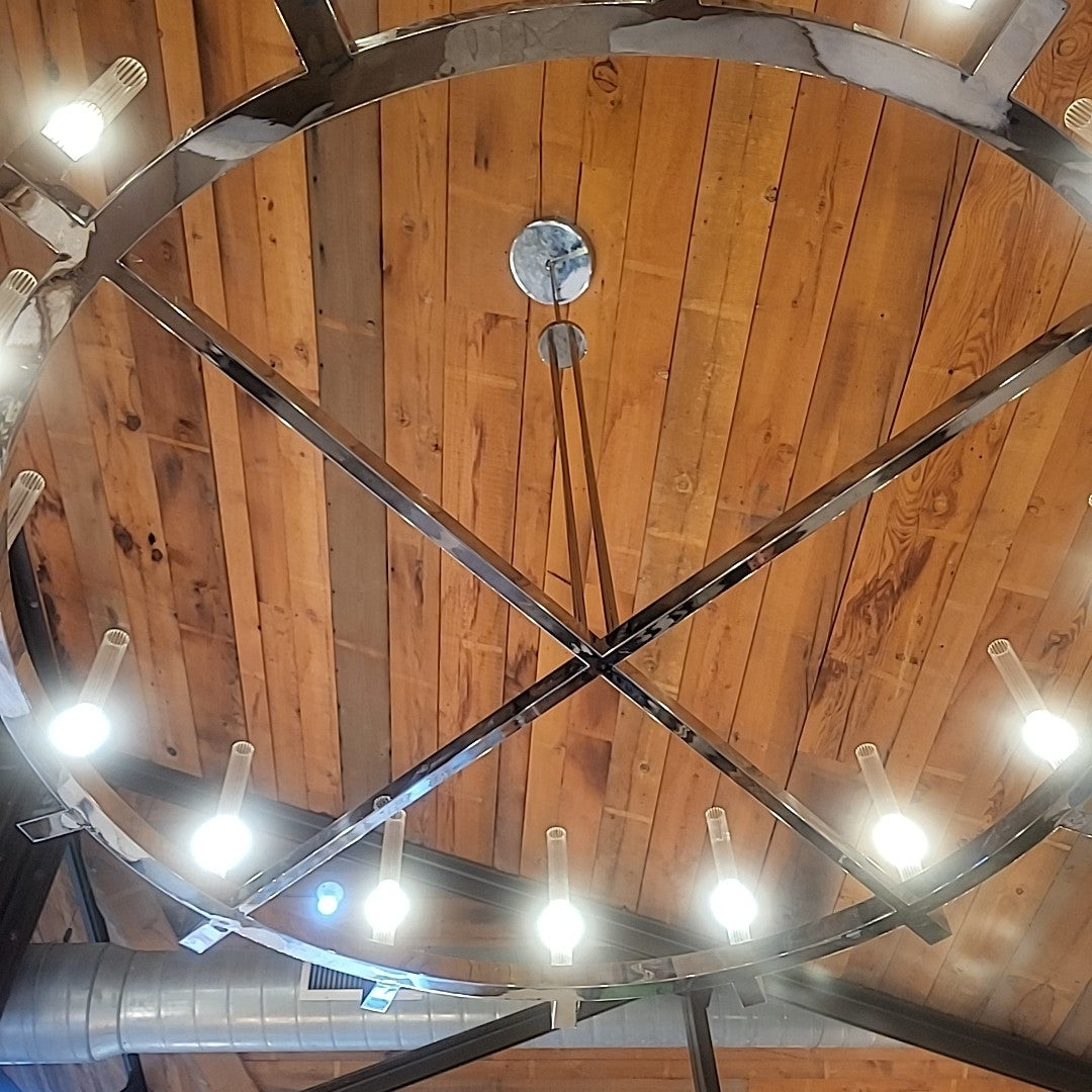 6-ft Round Chrome Chandelier w/ Glass Hurricanes
