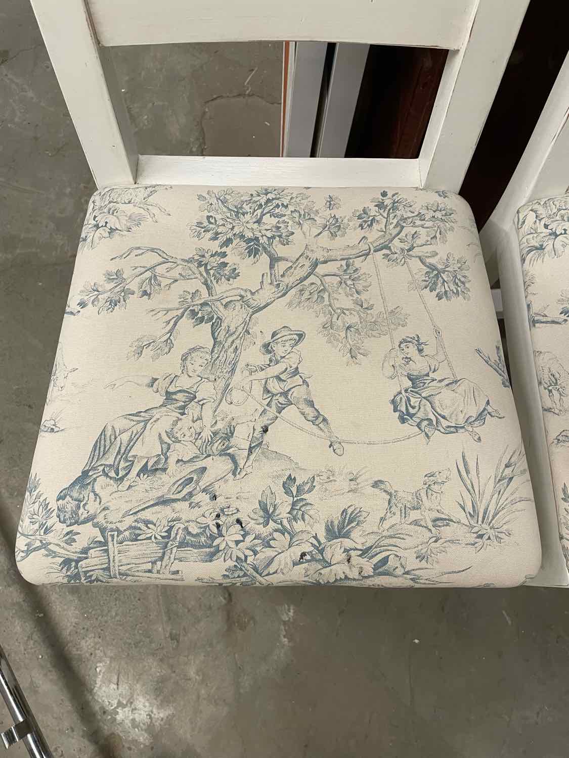 SET of 3 Vintage White Counter Stools w/ Toile Seat Cushions (AS IS)