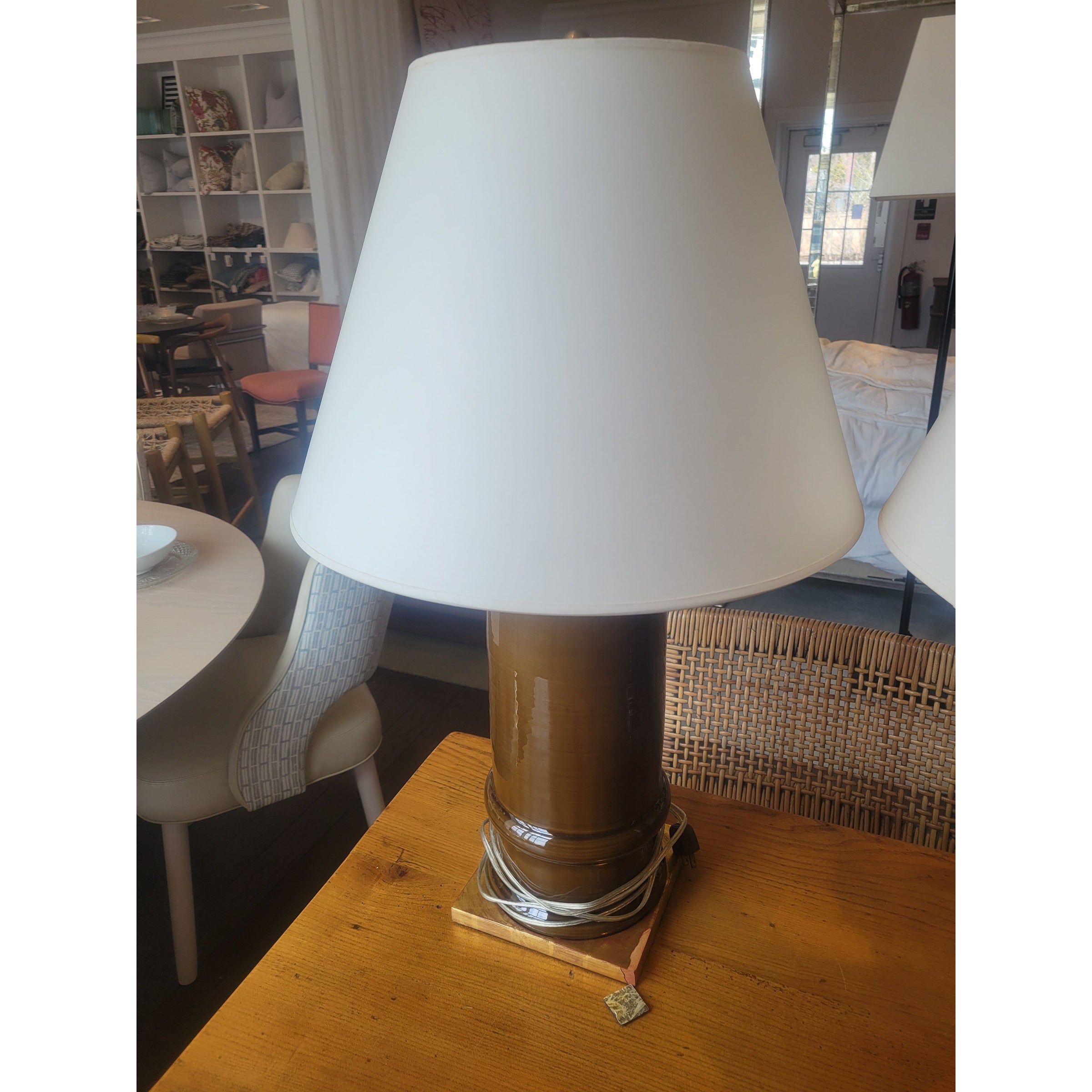 PAIR of Glazed Table Lamps on Gold Gilt Bases by Christopher Spitzmiller (AS IS) - colletteconsignment.com