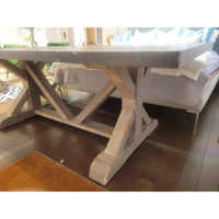 7-ft Metal Wrapped Top Trestle Dining Table on Natural Wood Base - colletteconsignment.com