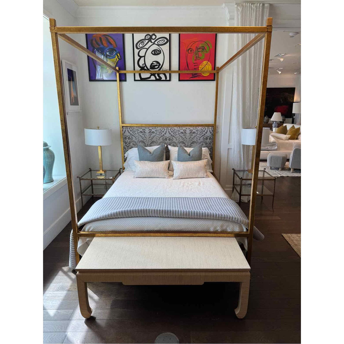 Custom Gold Metal Four-Poster Canopy Bed w/ Upholstered Headboard