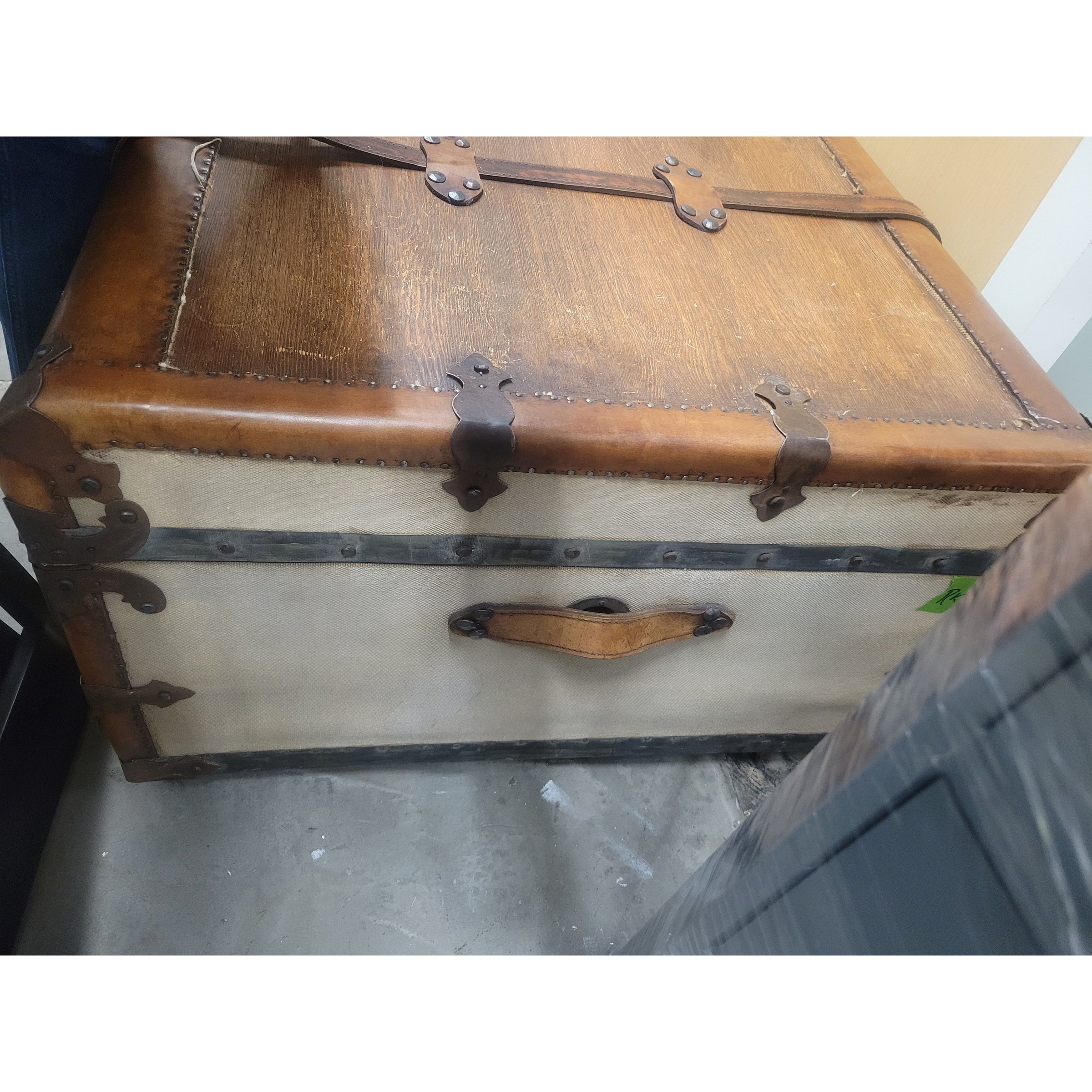 Vintage Wood & Leather Steamer Trunk Coffee Table