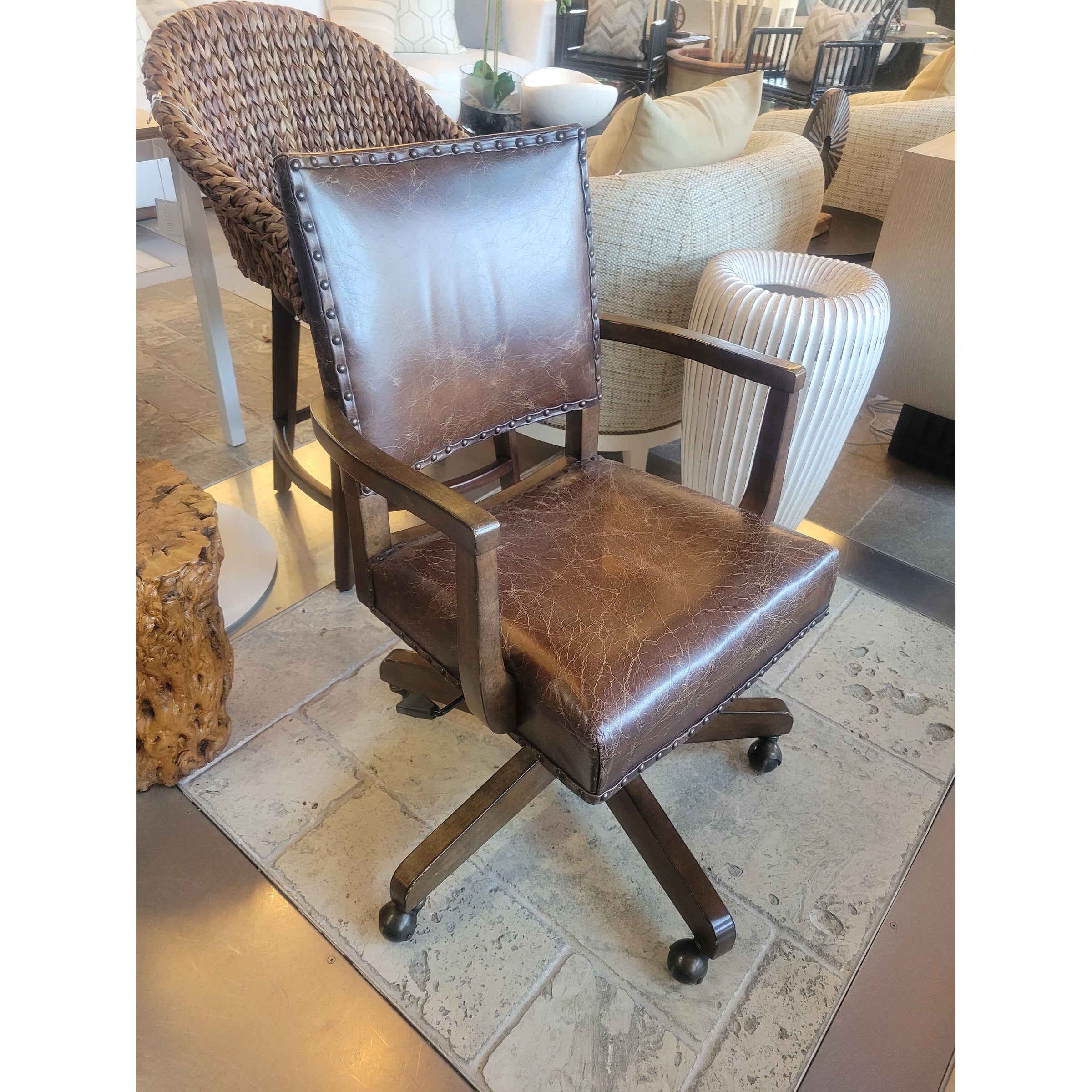 Brown Leather & Nailheads Rolling Swivel Desk Chair