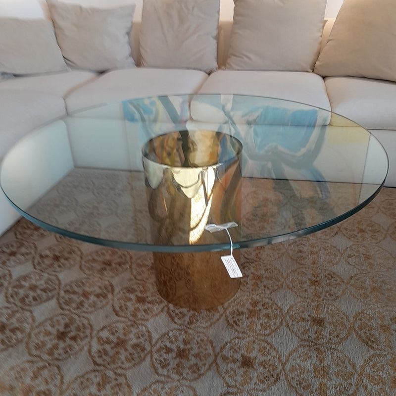 Round Cocktail Table w/ Brass Cylinder Base and Glass Top