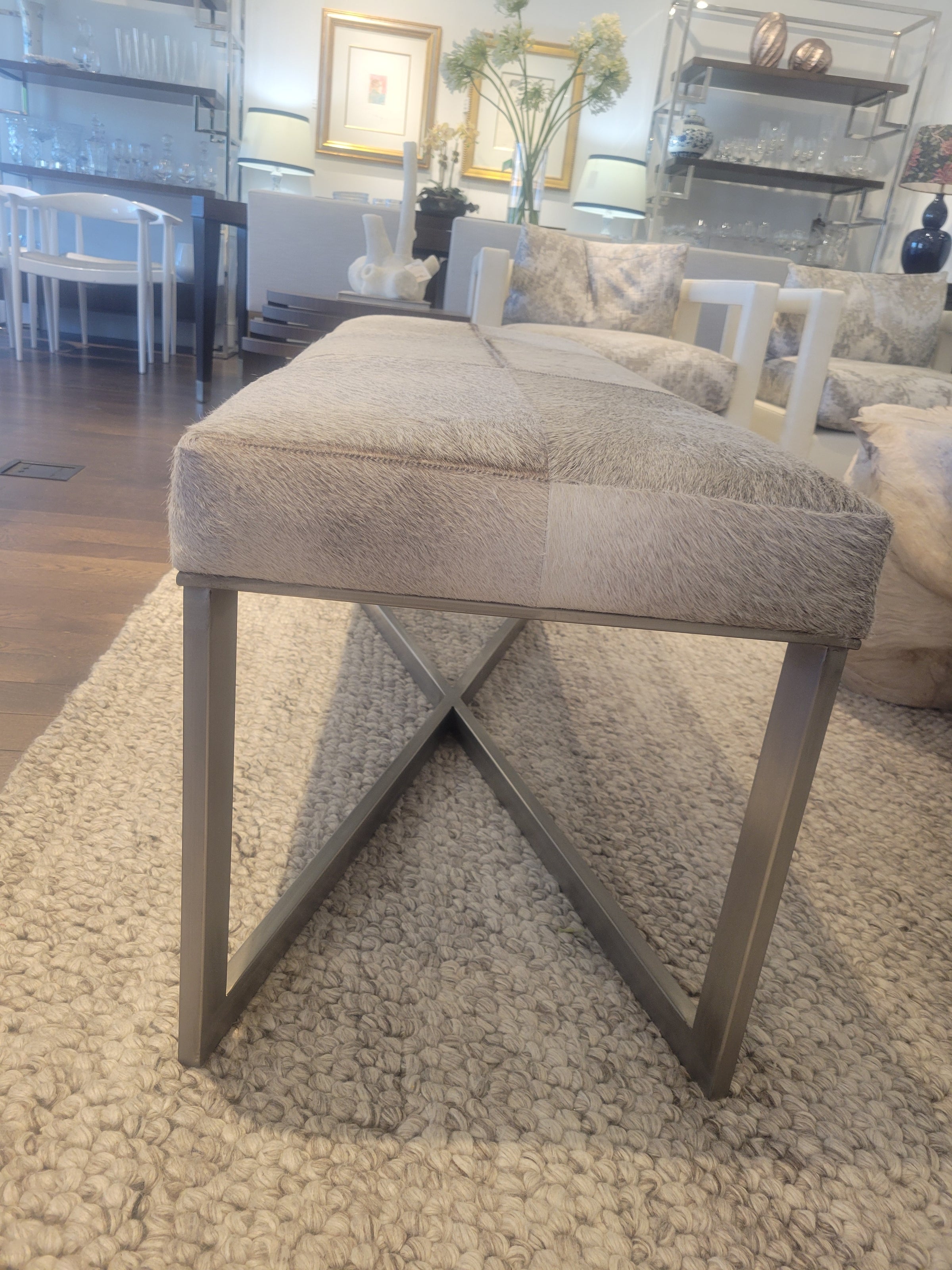 Gray Cowhide Bench w/ Brushed Metal Base Attrib. to Made Goods