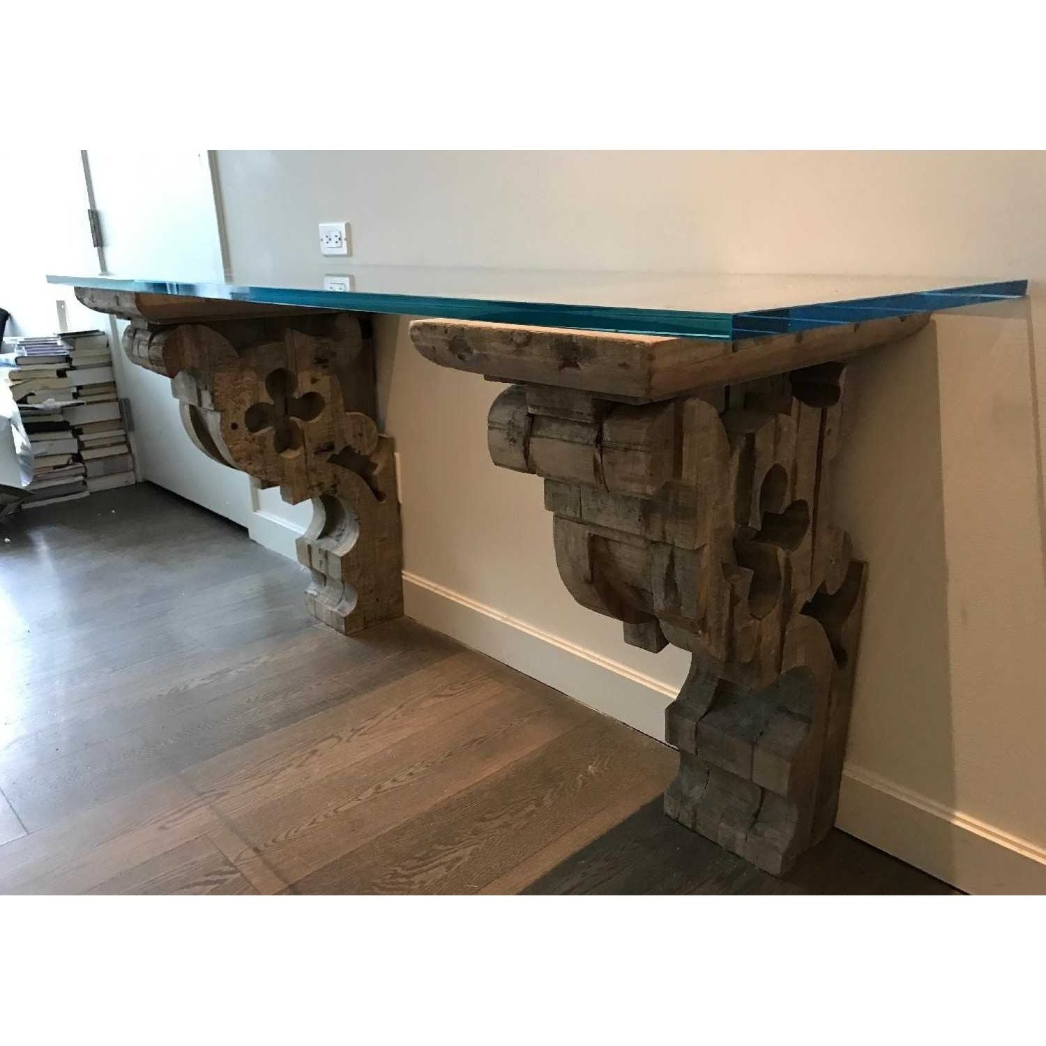 Corbel Classical Teak & Glass Console Table by RH - colletteconsignment.com