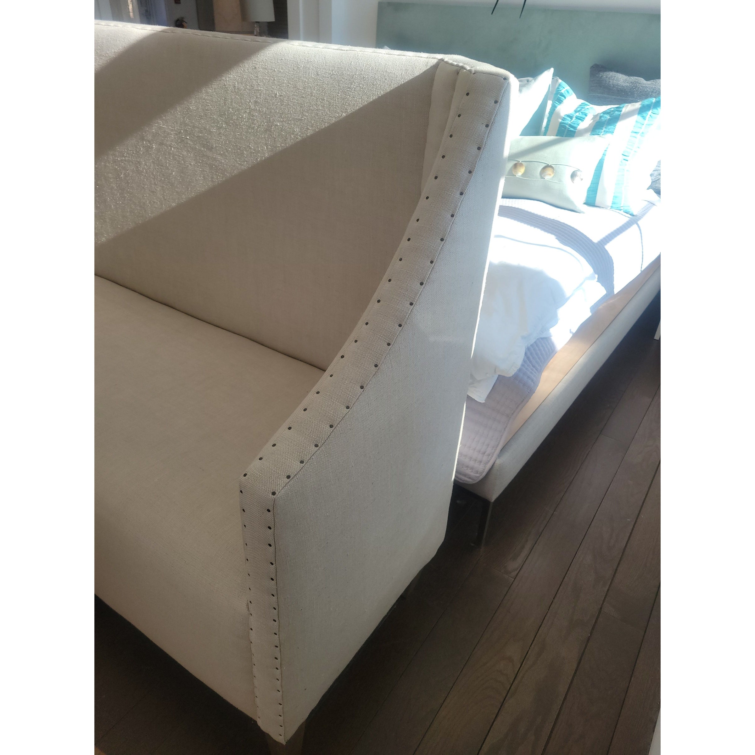 Upholstered Nailhead Settee by RH (AS IS) - colletteconsignment.com